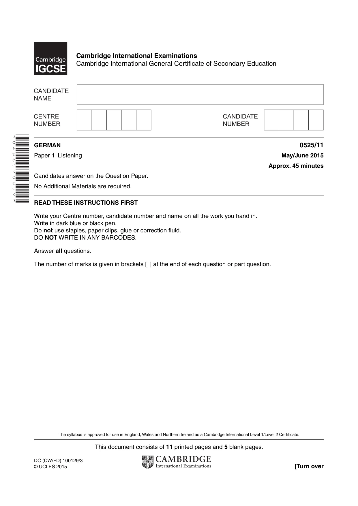 Cambridge IGCSE German - Foreign Language 0525 2015 May/June Paper 1 · Variant 1 question paper, page 1 of 16