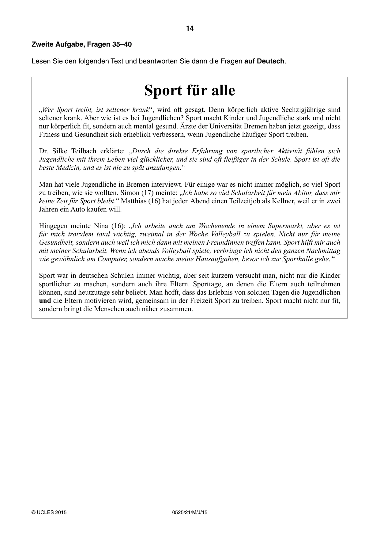 Cambridge IGCSE German - Foreign Language 0525 2015 May/June Paper 2 · Variant 1 question paper, page 14 of 16