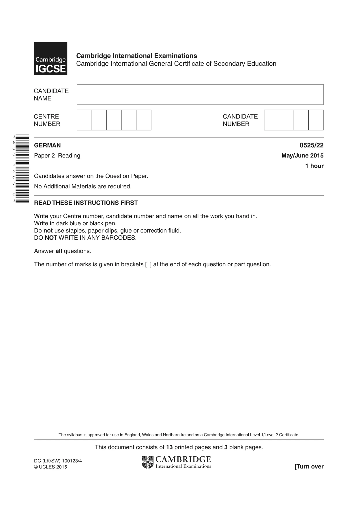 Cambridge IGCSE German - Foreign Language 0525 2015 May/June Paper 2 · Variant 2 question paper, page 1 of 16