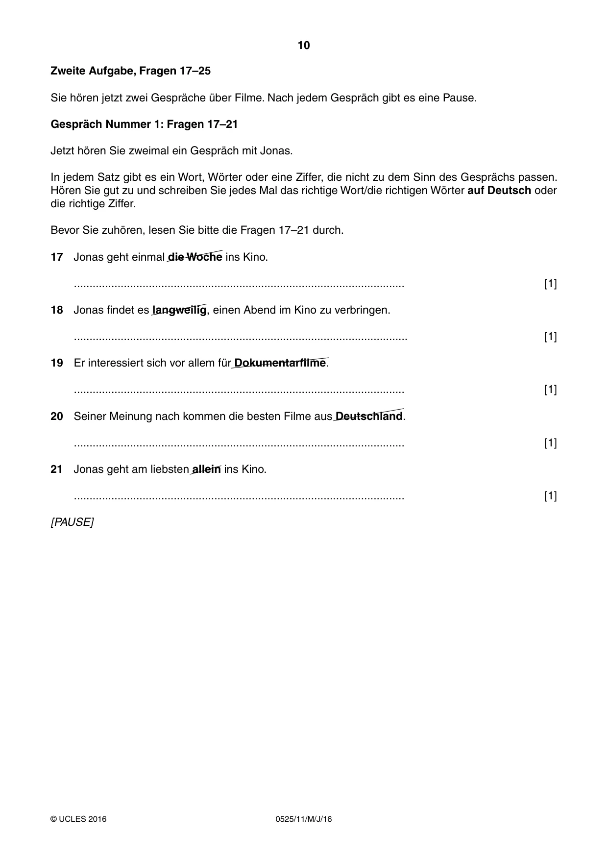 Cambridge IGCSE German - Foreign Language 0525 2016 May/June Paper 1 · Variant 1 question paper, page 10 of 16