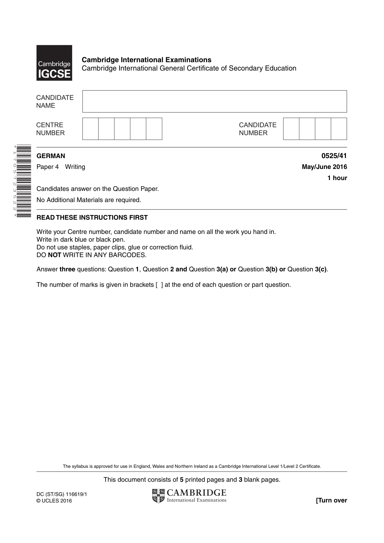 Cambridge IGCSE German - Foreign Language 0525 2016 May/June Paper 4 · Variant 1 question paper, page 1 of 8