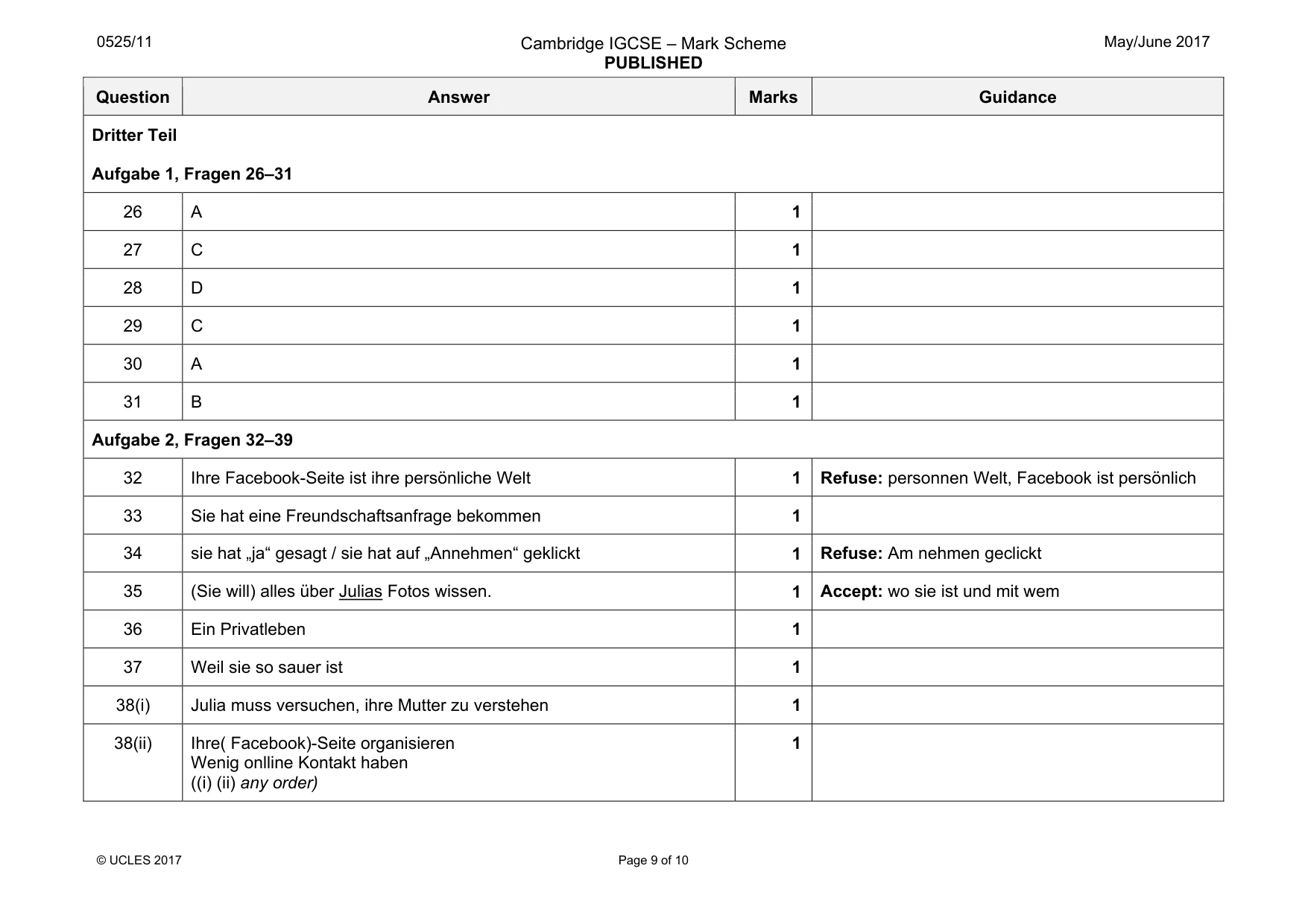Mark scheme, page 9 of 10