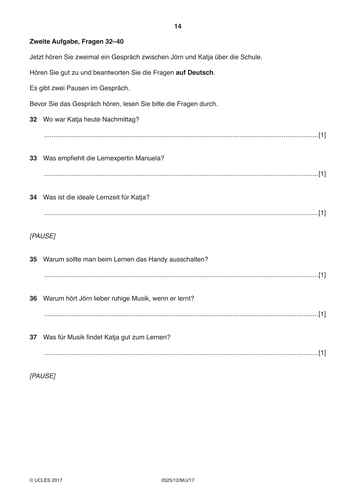 Cambridge IGCSE German - Foreign Language 0525 2017 May/June Paper 1 · Variant 2 question paper, page 14 of 16