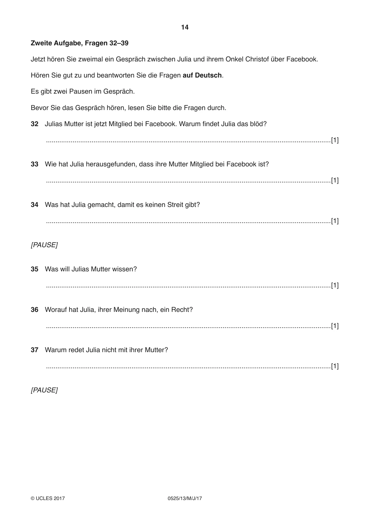Cambridge IGCSE German - Foreign Language 0525 2017 May/June Paper 1 · Variant 3 question paper, page 14 of 16