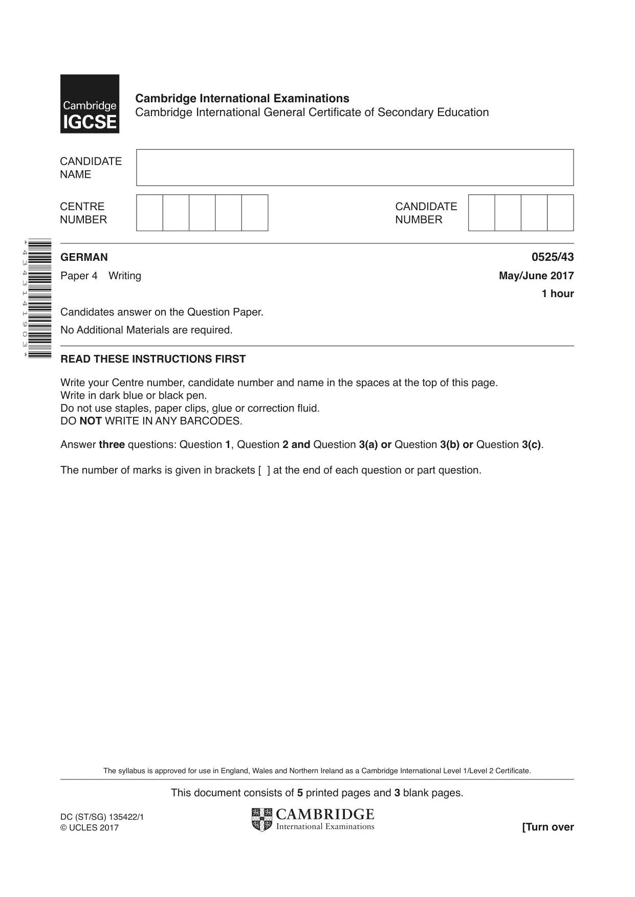 Cambridge IGCSE German - Foreign Language 0525 2017 May/June Paper 4 · Variant 3 question paper, page 1 of 8