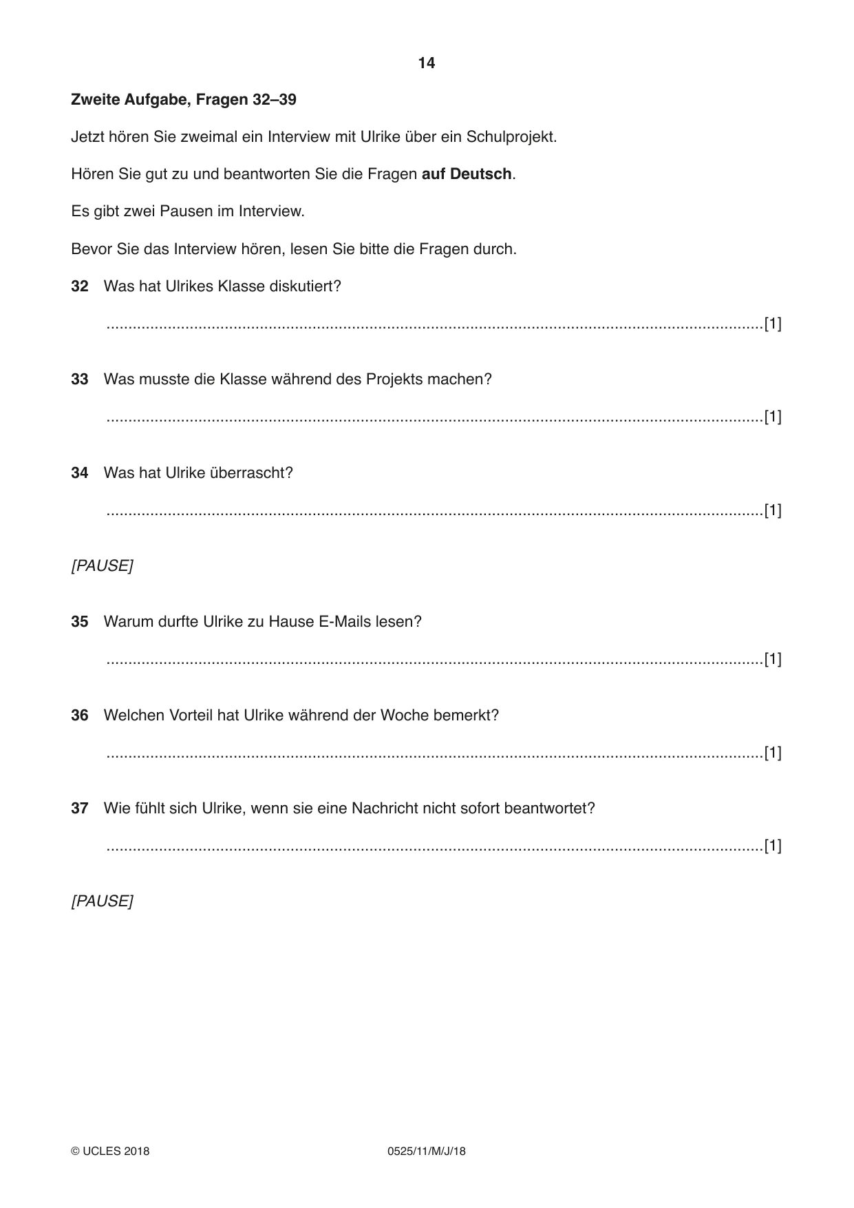 Cambridge IGCSE German - Foreign Language 0525 2018 May/June Paper 1 · Variant 1 question paper, page 14 of 16