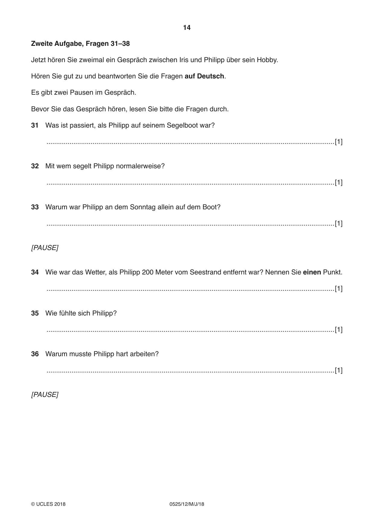 Cambridge IGCSE German - Foreign Language 0525 2018 May/June Paper 1 · Variant 2 question paper, page 14 of 16