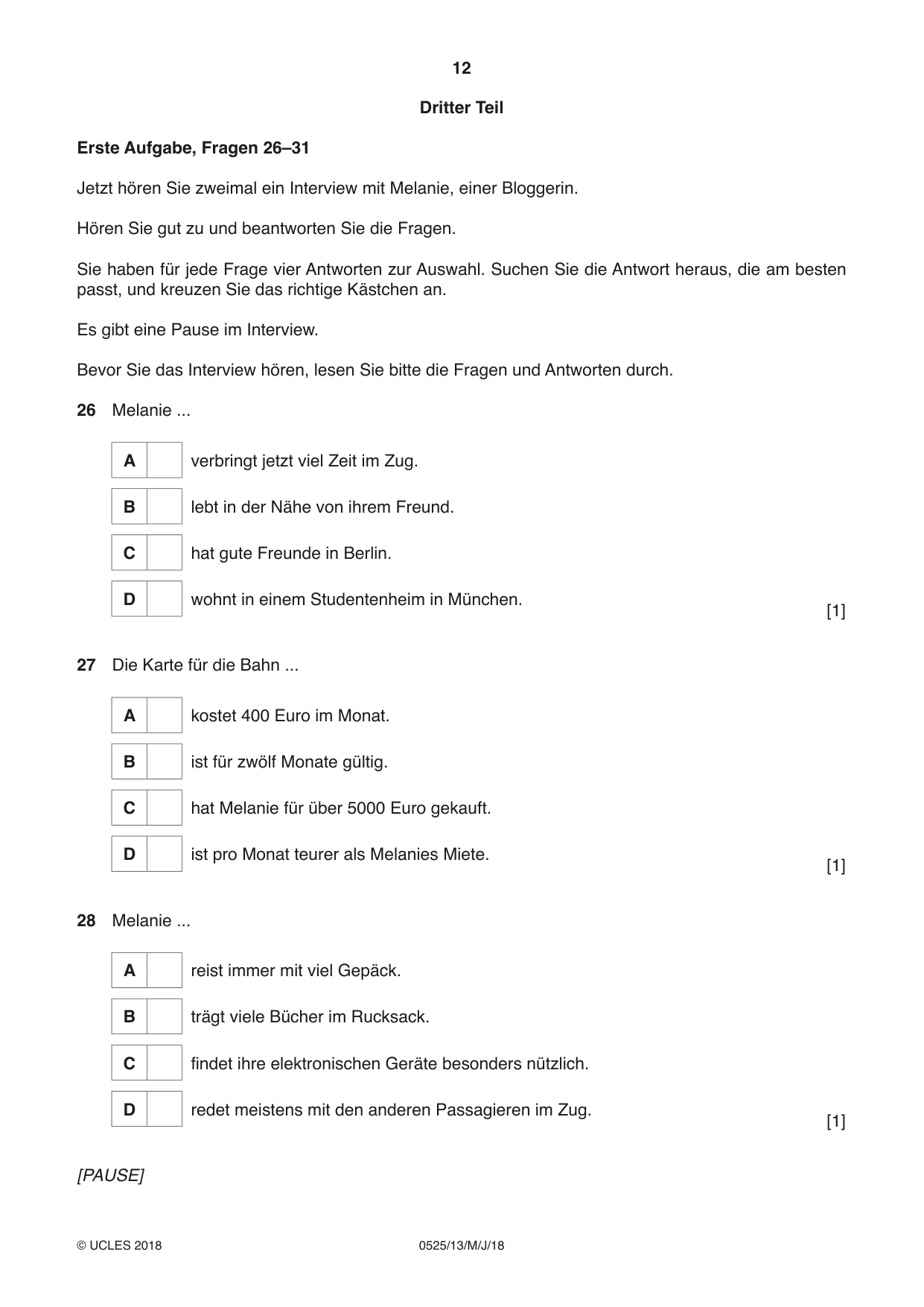 Cambridge IGCSE German - Foreign Language 0525 2018 May/June Paper 1 · Variant 3 question paper, page 12 of 16
