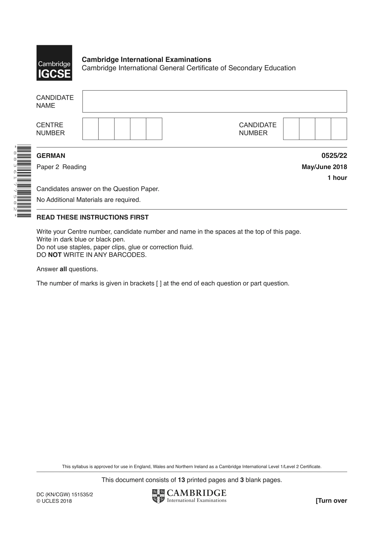 Cambridge IGCSE German - Foreign Language 0525 2018 May/June Paper 2 · Variant 2 question paper, page 1 of 16