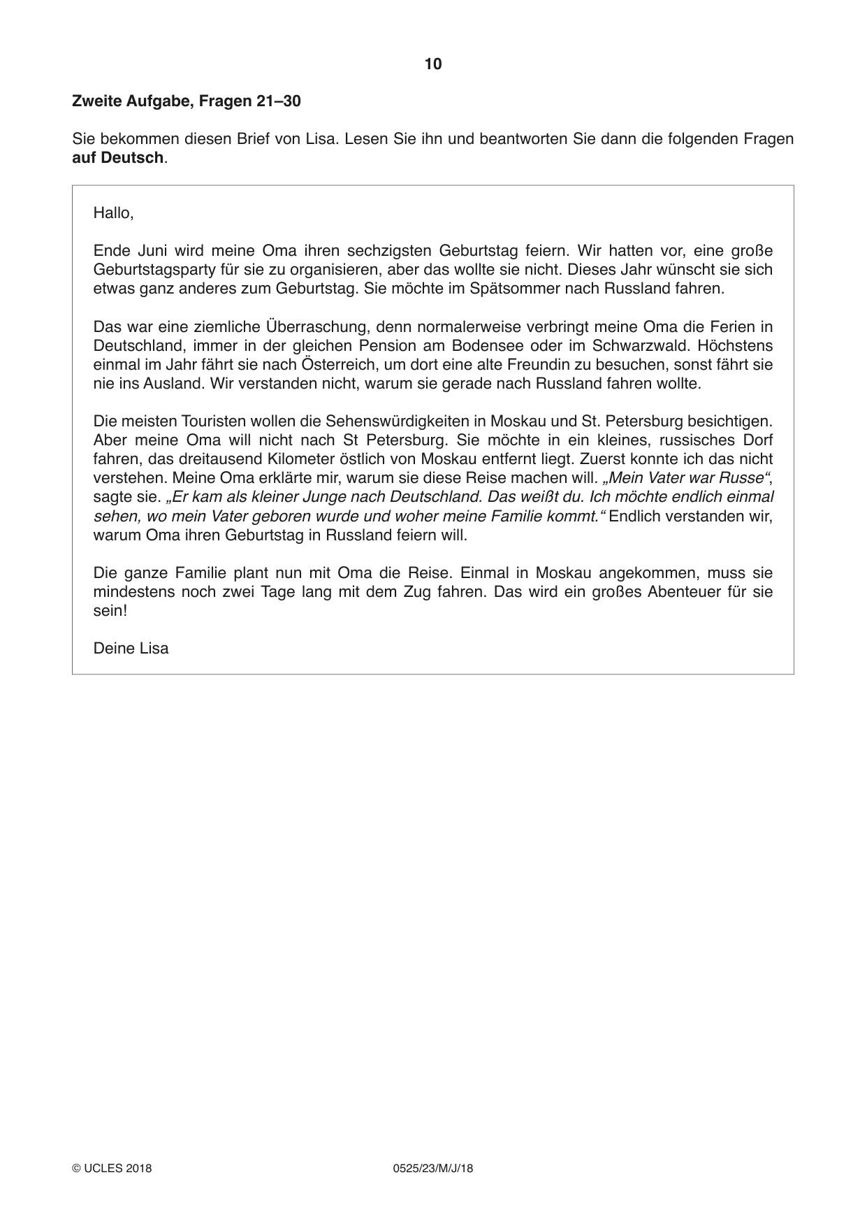 Cambridge IGCSE German - Foreign Language 0525 2018 May/June Paper 2 · Variant 3 question paper, page 10 of 16