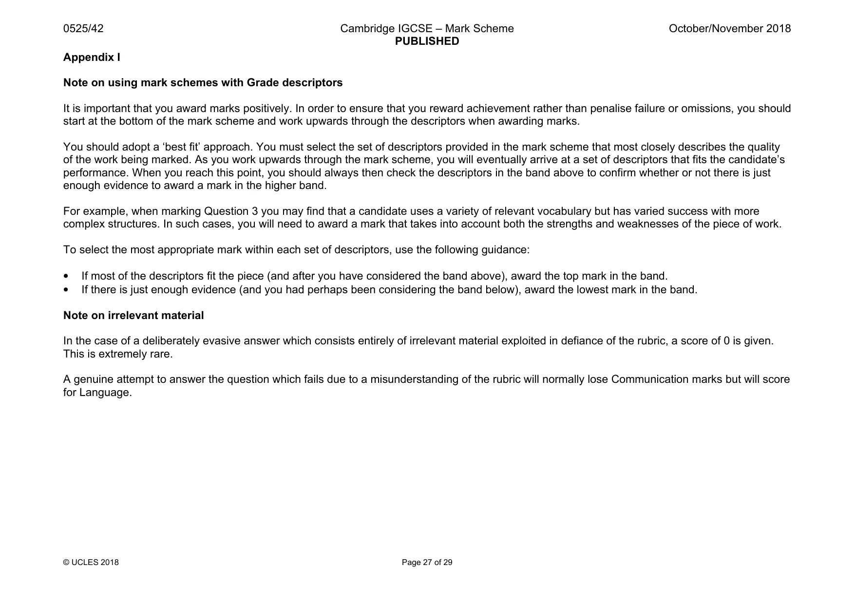 Mark scheme, page 27 of 29