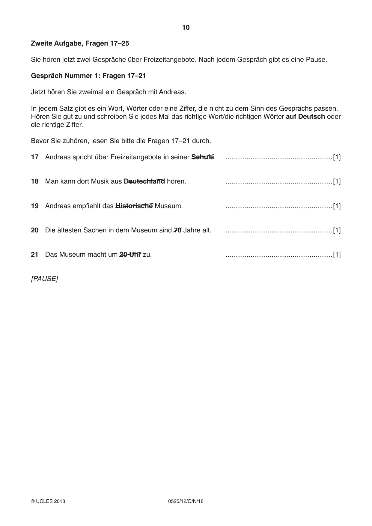 Cambridge IGCSE German - Foreign Language 0525 2018 Oct/Nov Paper 1 · Variant 2 question paper, page 10 of 16