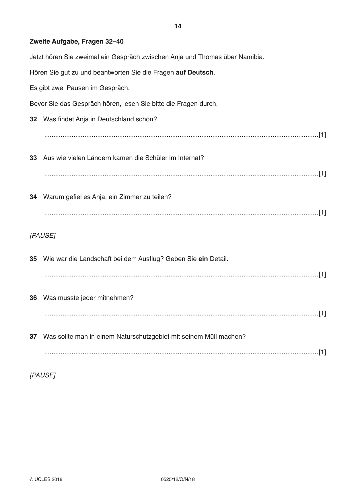 Cambridge IGCSE German - Foreign Language 0525 2018 Oct/Nov Paper 1 · Variant 2 question paper, page 14 of 16