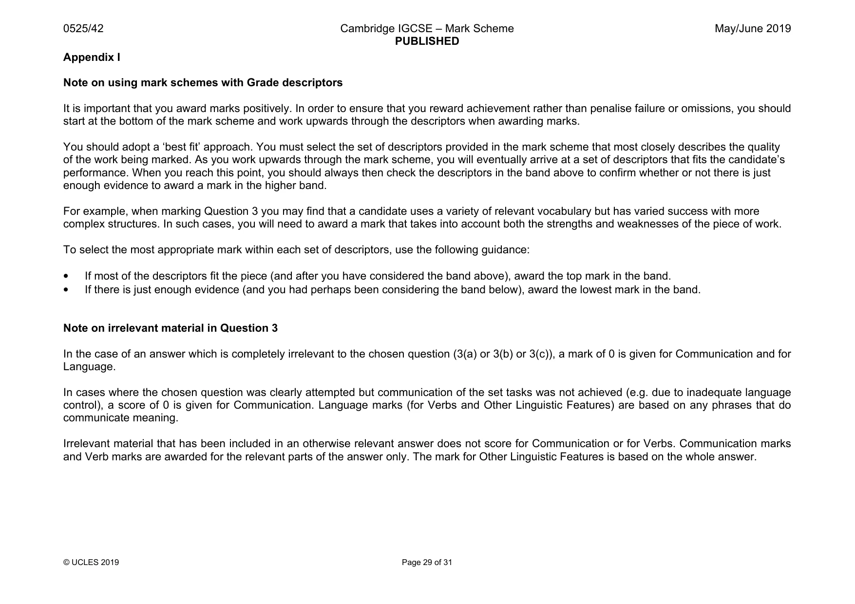 Mark scheme, page 29 of 31