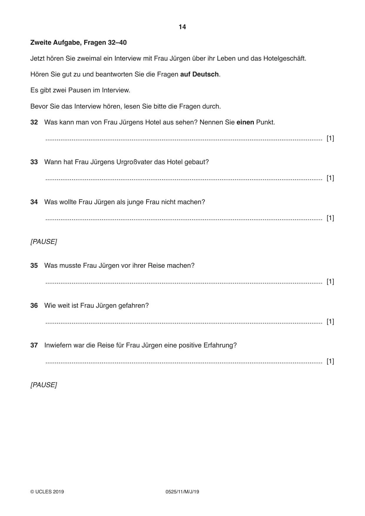 Cambridge IGCSE German - Foreign Language 0525 2019 May/June Paper 1 · Variant 1 question paper, page 14 of 16