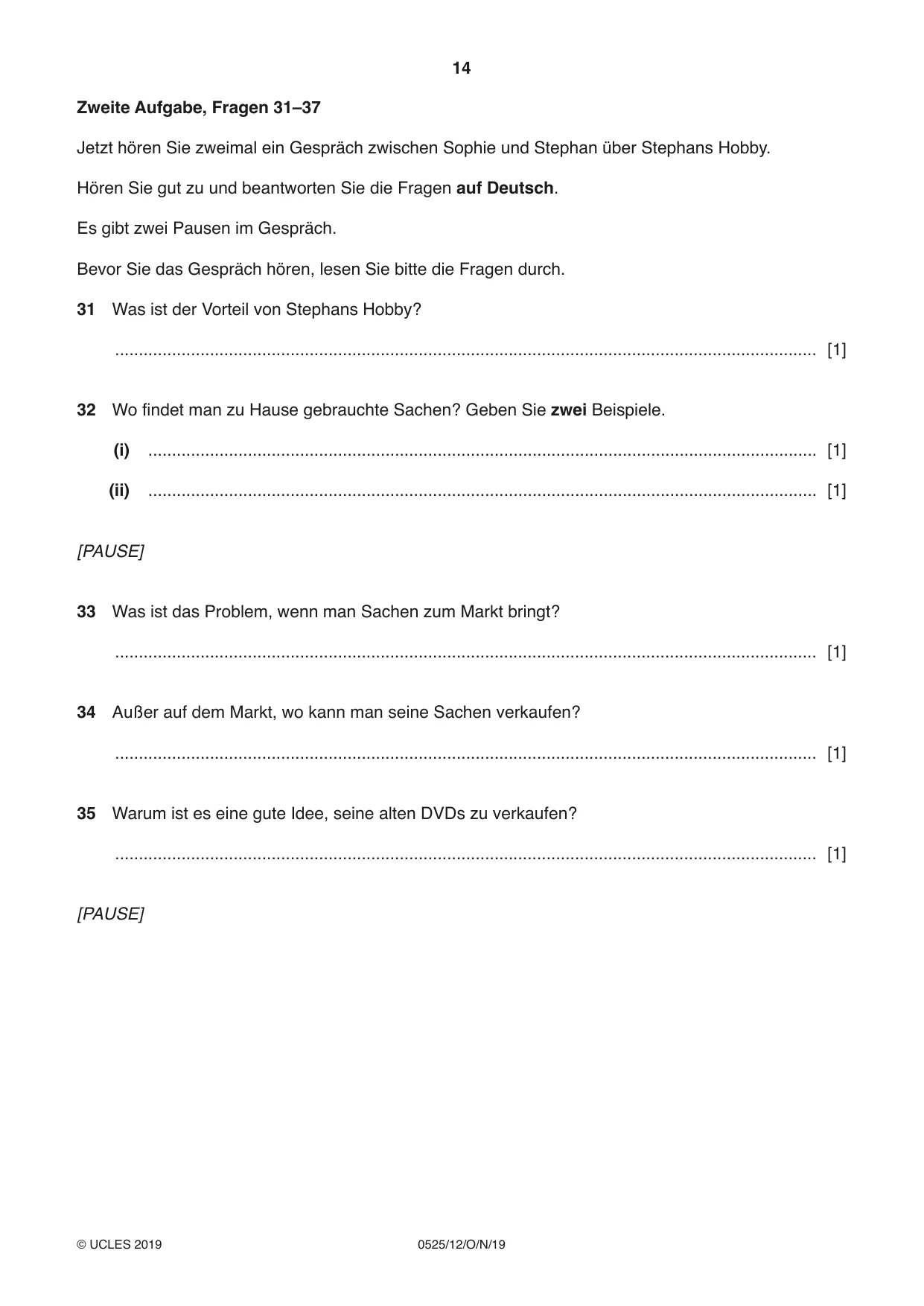 Cambridge IGCSE German - Foreign Language 0525 2019 Oct/Nov Paper 1 · Variant 2 question paper, page 14 of 16