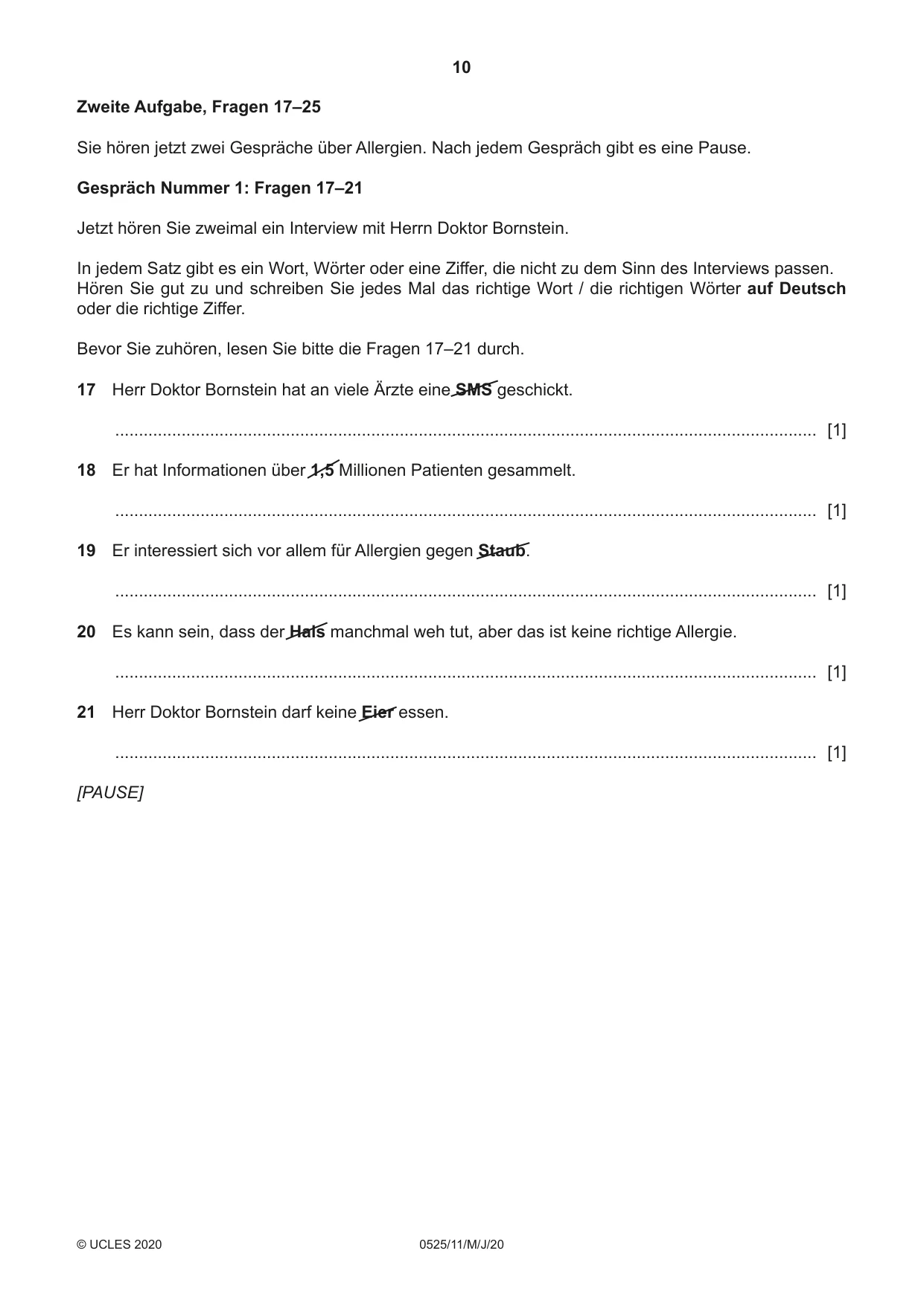 Cambridge IGCSE German - Foreign Language 0525 2020 May/June Paper 1 · Variant 1 question paper, page 10 of 16