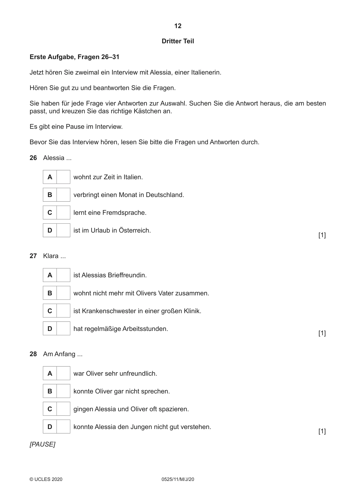 Cambridge IGCSE German - Foreign Language 0525 2020 May/June Paper 1 · Variant 1 question paper, page 12 of 16