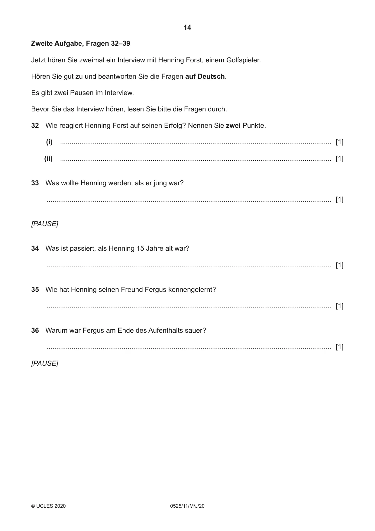 Cambridge IGCSE German - Foreign Language 0525 2020 May/June Paper 1 · Variant 1 question paper, page 14 of 16