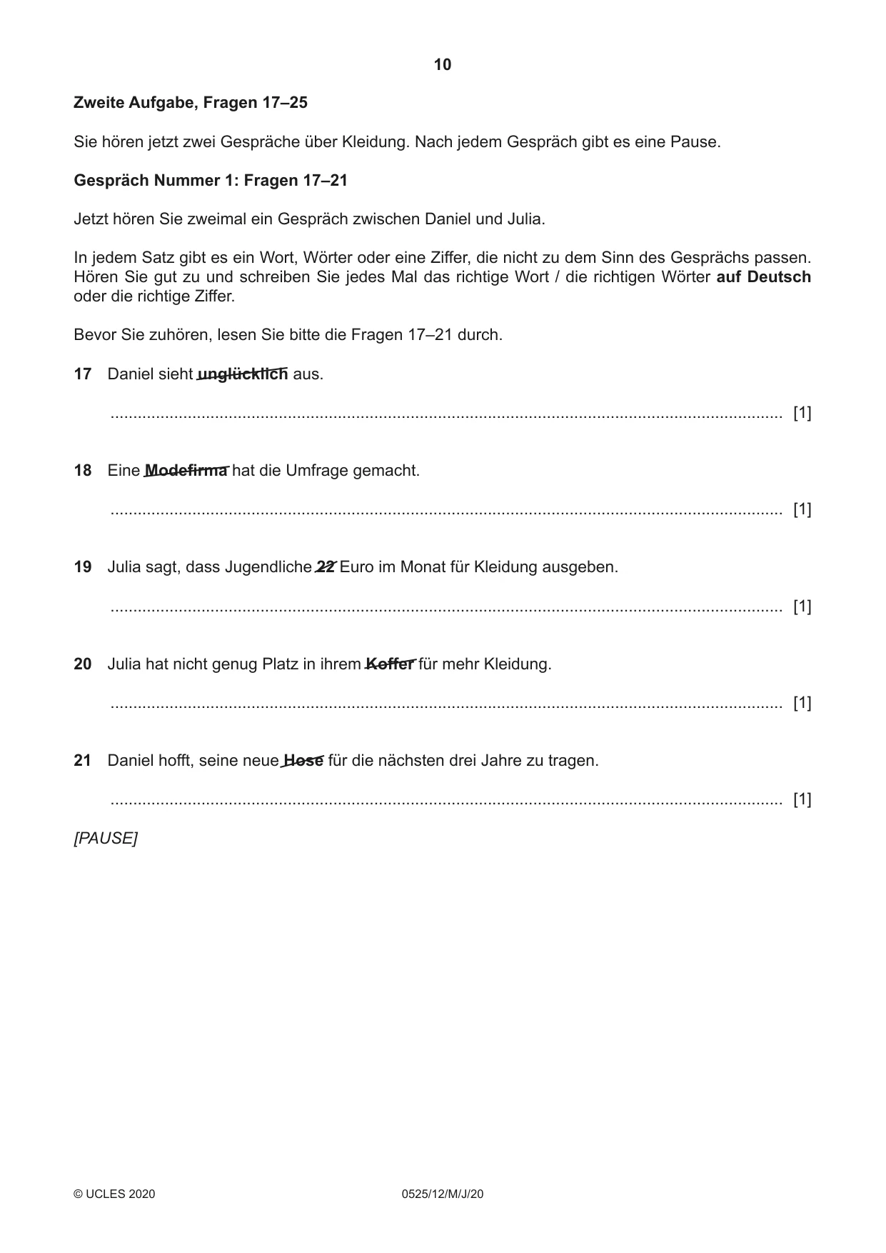 Cambridge IGCSE German - Foreign Language 0525 2020 May/June Paper 1 · Variant 2 question paper, page 10 of 16