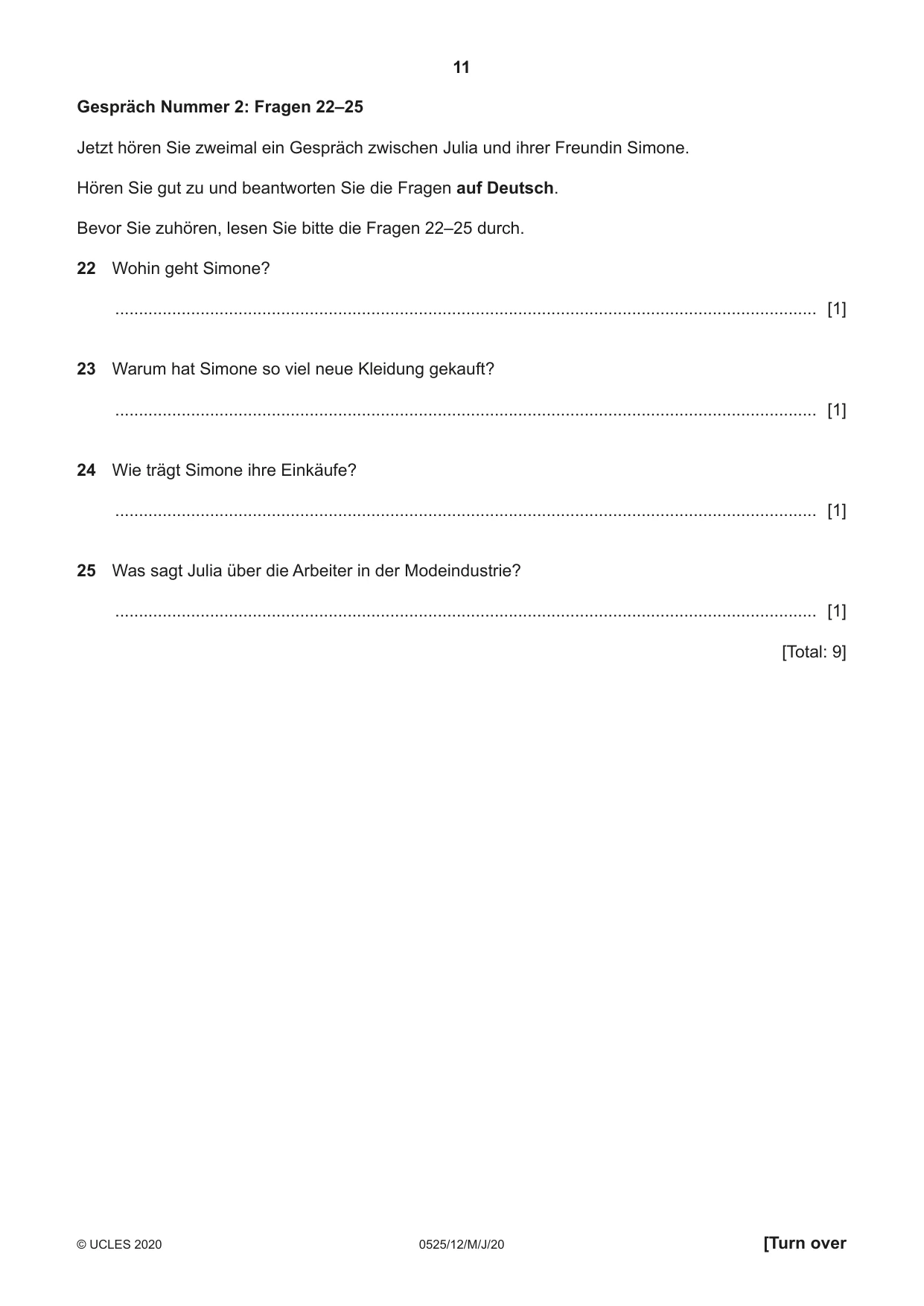 Cambridge IGCSE German - Foreign Language 0525 2020 May/June Paper 1 · Variant 2 question paper, page 11 of 16