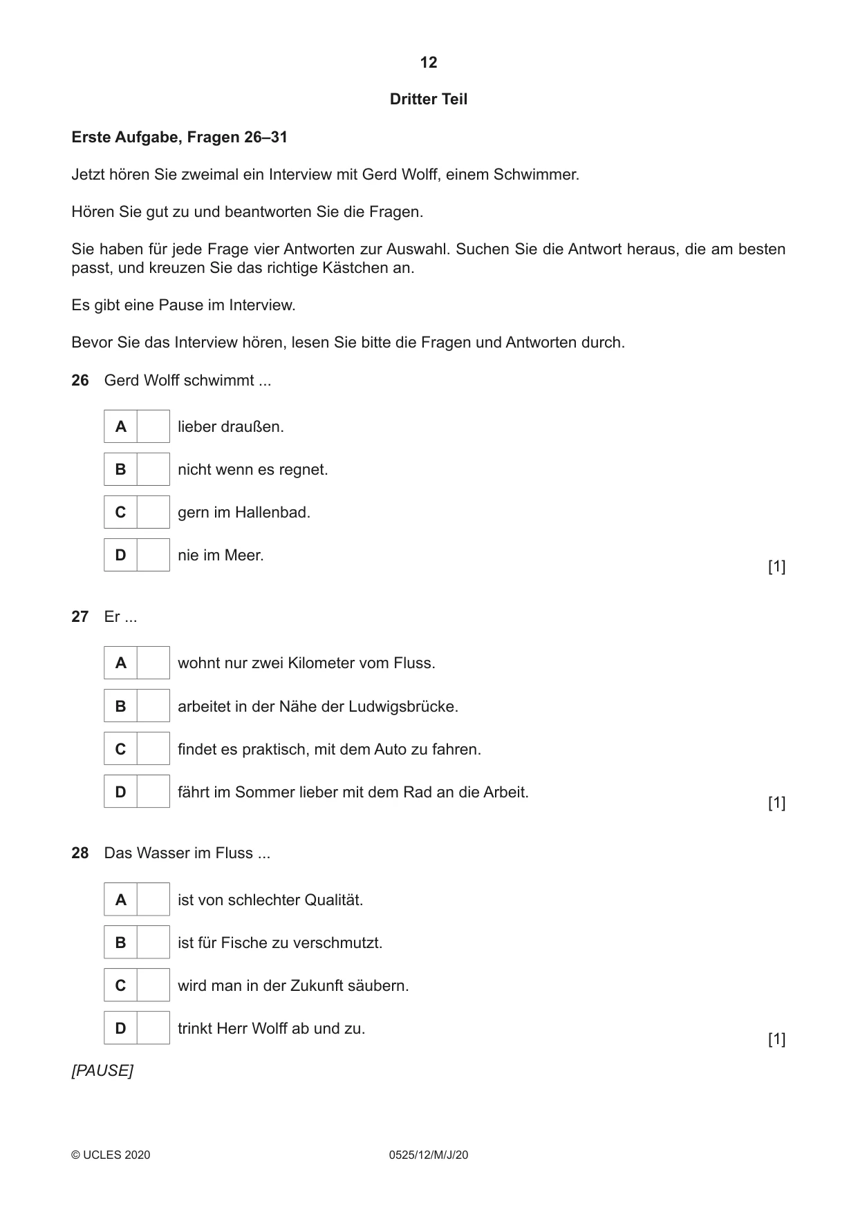 Cambridge IGCSE German - Foreign Language 0525 2020 May/June Paper 1 · Variant 2 question paper, page 12 of 16