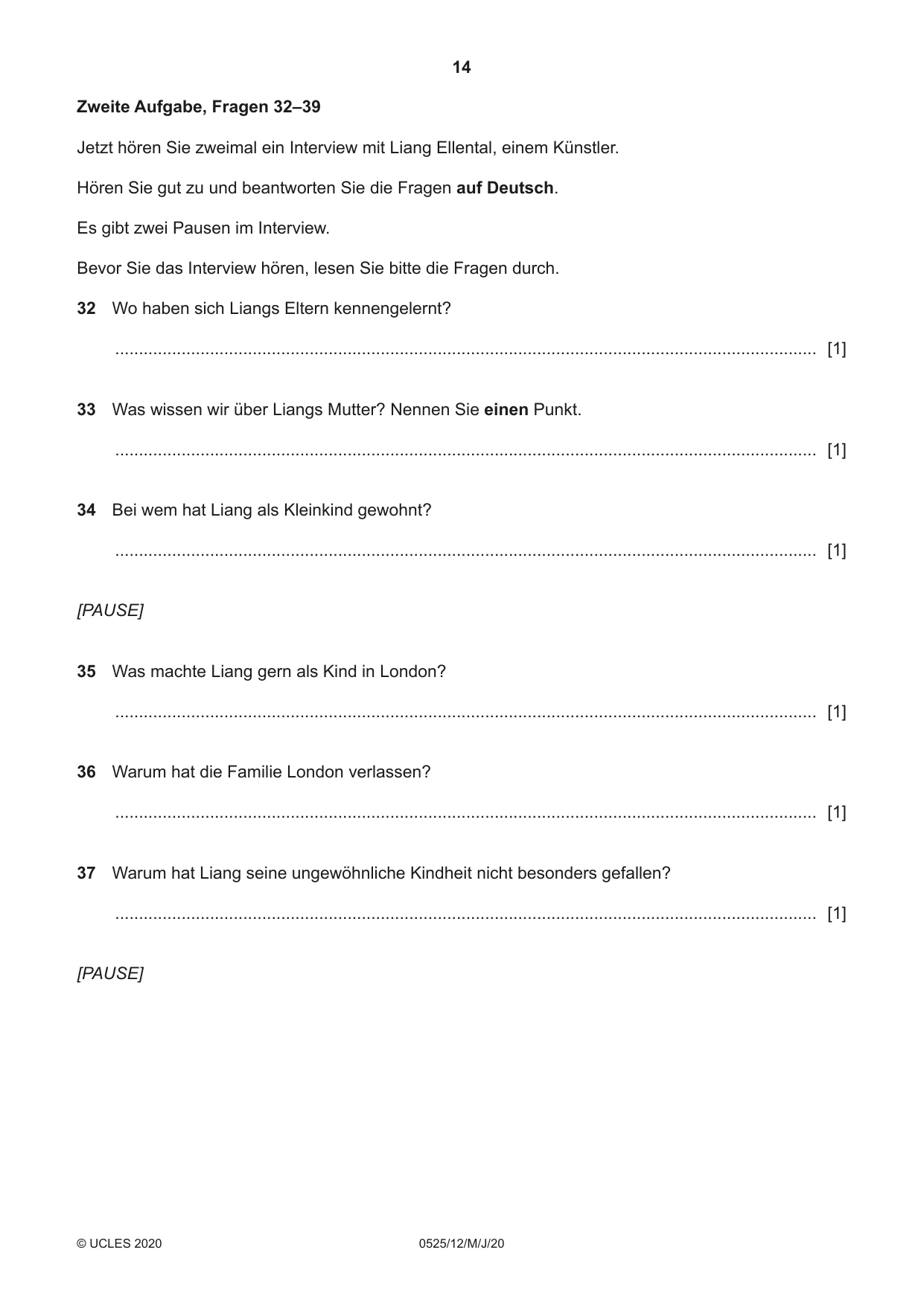 Cambridge IGCSE German - Foreign Language 0525 2020 May/June Paper 1 · Variant 2 question paper, page 14 of 16
