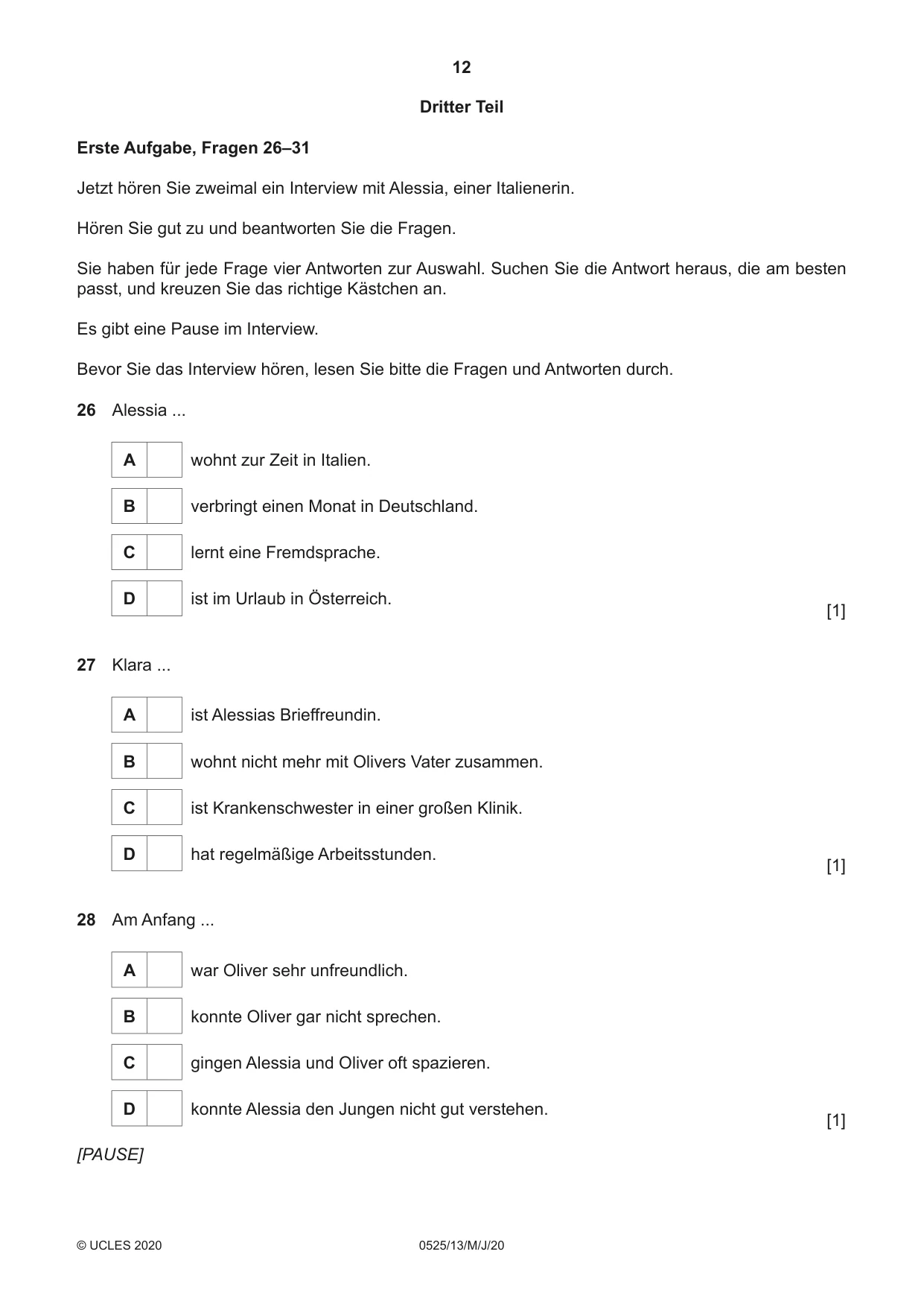 Cambridge IGCSE German - Foreign Language 0525 2020 May/June Paper 1 · Variant 3 question paper, page 12 of 16