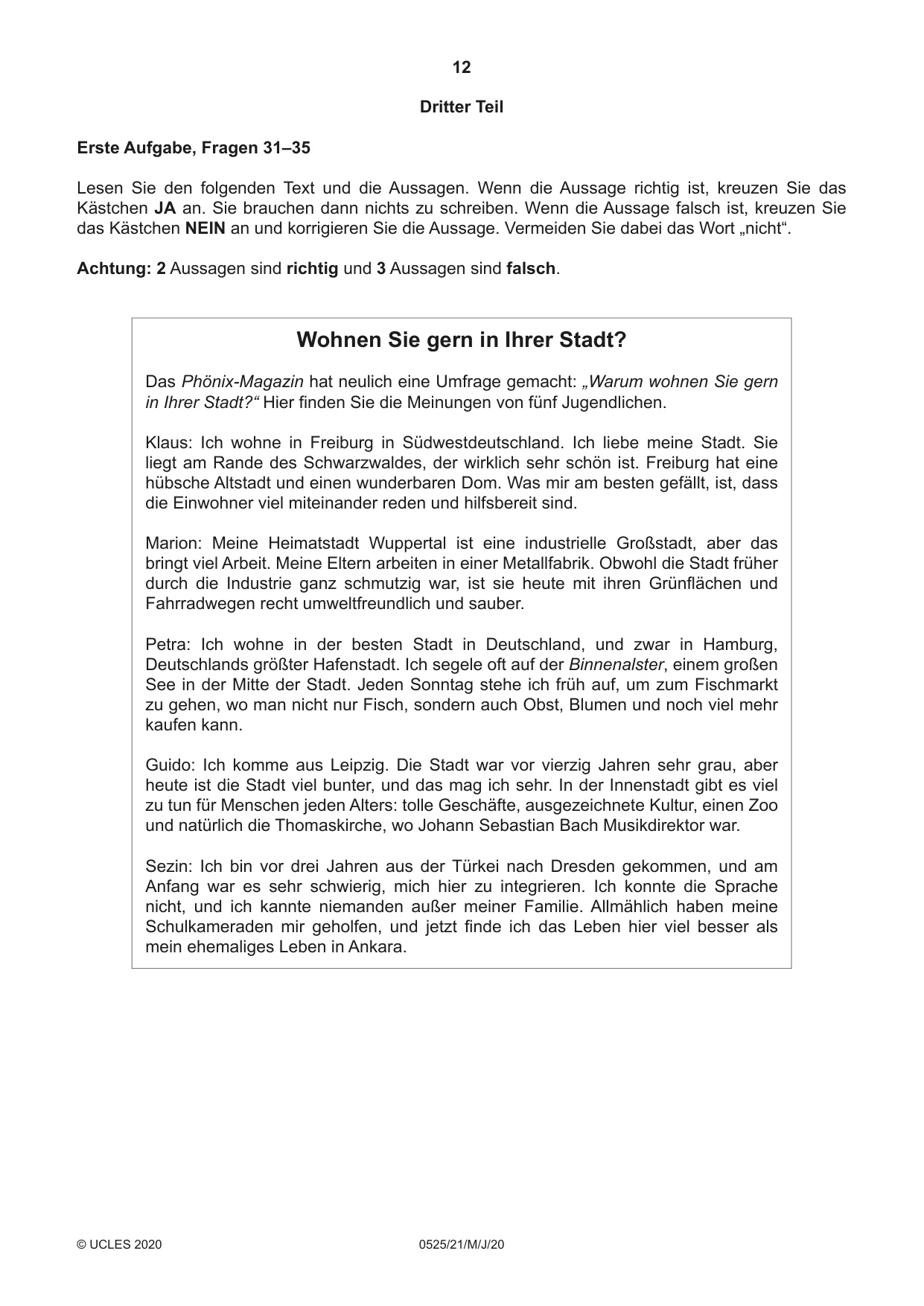 Cambridge IGCSE German - Foreign Language 0525 2020 May/June Paper 2 · Variant 1 question paper, page 12 of 16