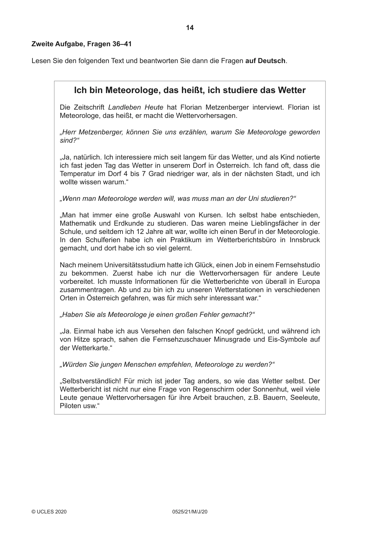 Cambridge IGCSE German - Foreign Language 0525 2020 May/June Paper 2 · Variant 1 question paper, page 14 of 16