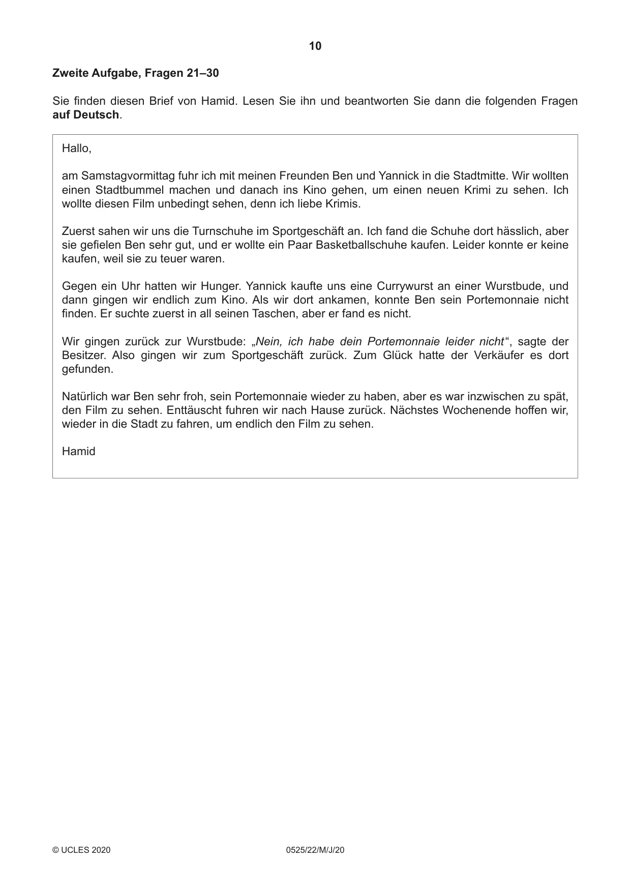 Cambridge IGCSE German - Foreign Language 0525 2020 May/June Paper 2 · Variant 2 question paper, page 10 of 16