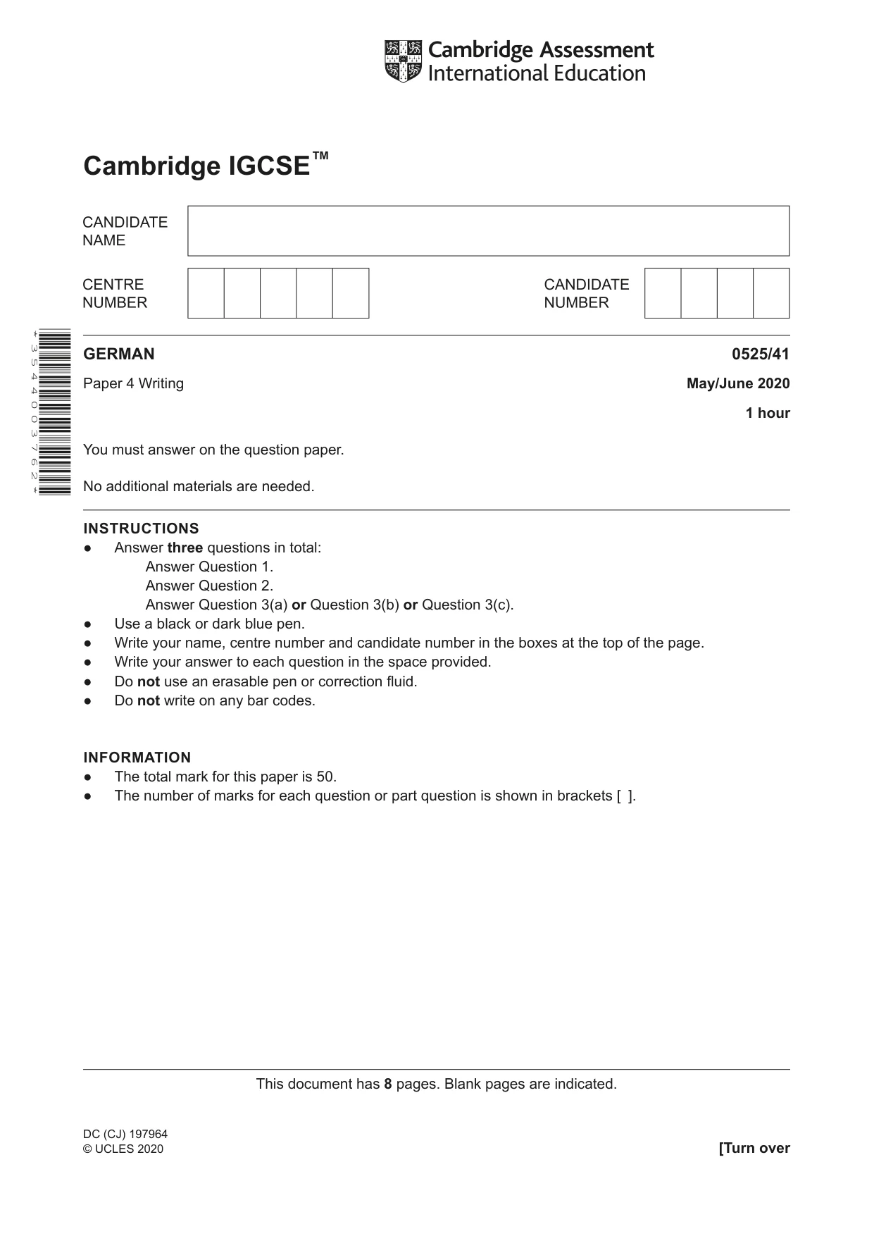 Cambridge IGCSE German - Foreign Language 0525 2020 May/June Paper 4 · Variant 1 question paper, page 1 of 8