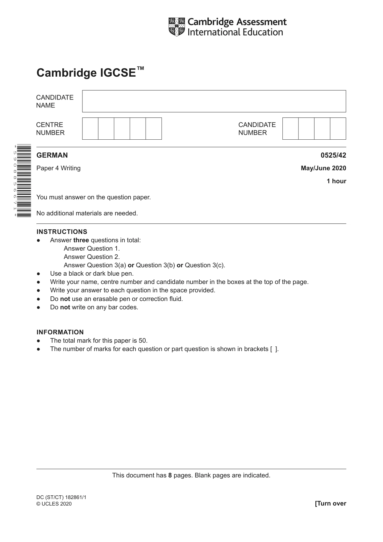 Cambridge IGCSE German - Foreign Language 0525 2020 May/June Paper 4 · Variant 2 question paper, page 1 of 8