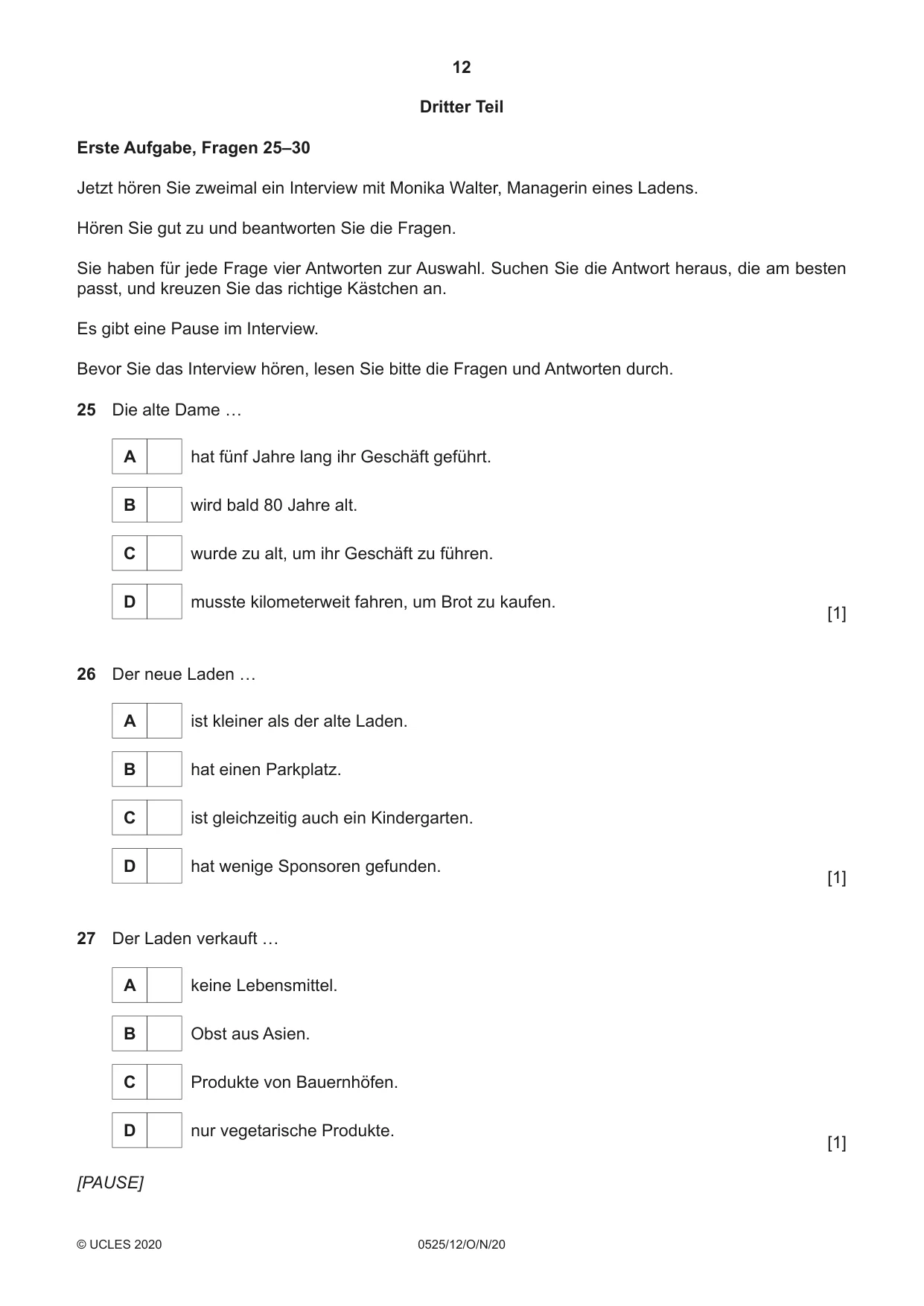 Cambridge IGCSE German - Foreign Language 0525 2020 Oct/Nov Paper 1 · Variant 2 question paper, page 12 of 16