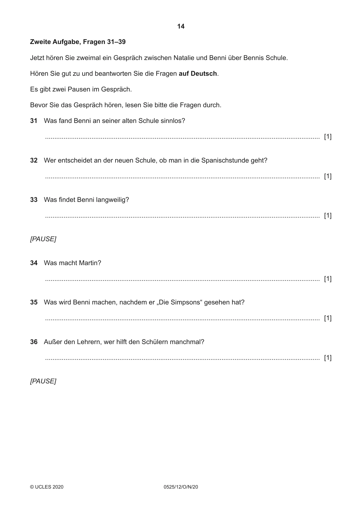 Cambridge IGCSE German - Foreign Language 0525 2020 Oct/Nov Paper 1 · Variant 2 question paper, page 14 of 16