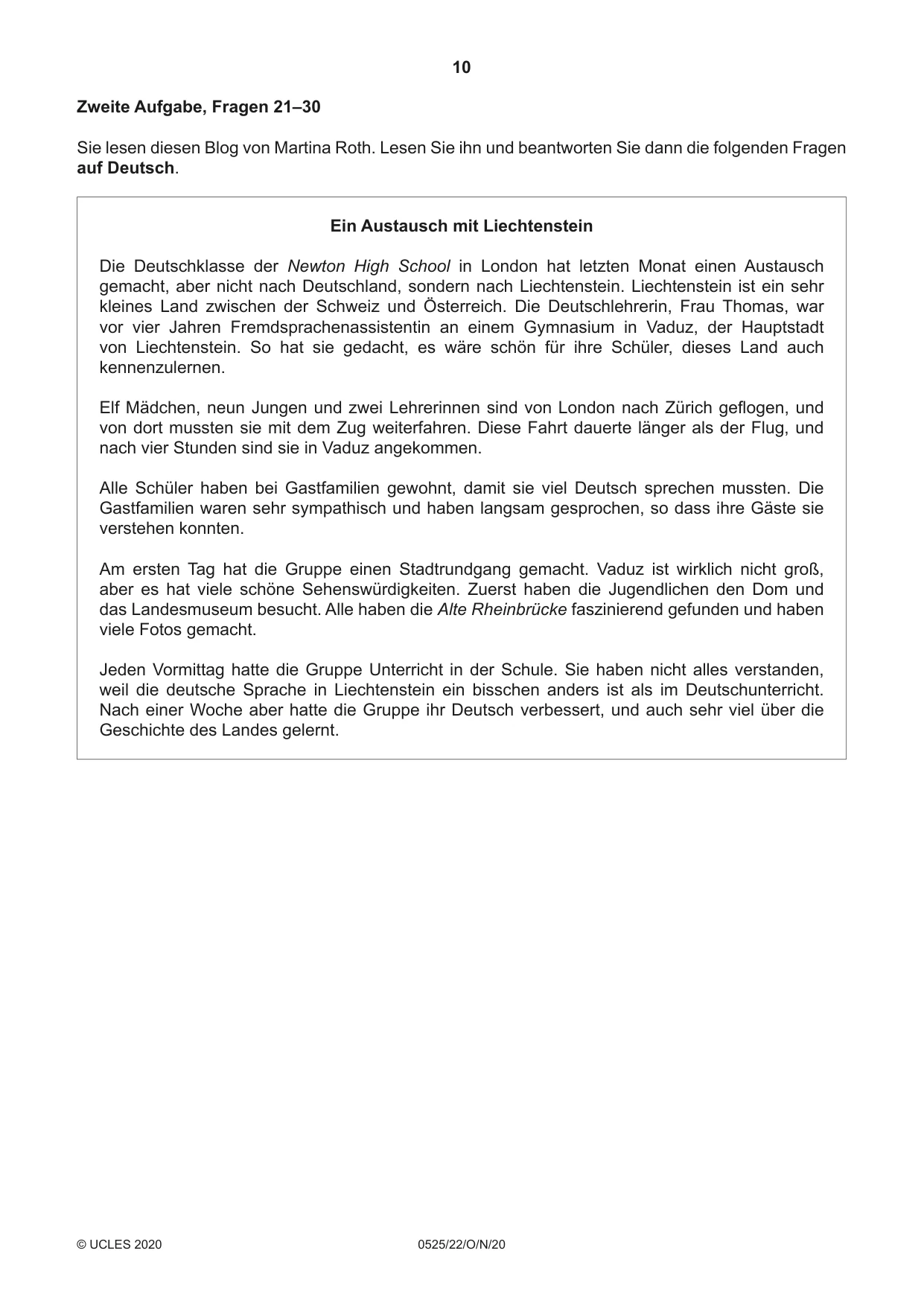 Cambridge IGCSE German - Foreign Language 0525 2020 Oct/Nov Paper 2 · Variant 2 question paper, page 10 of 16