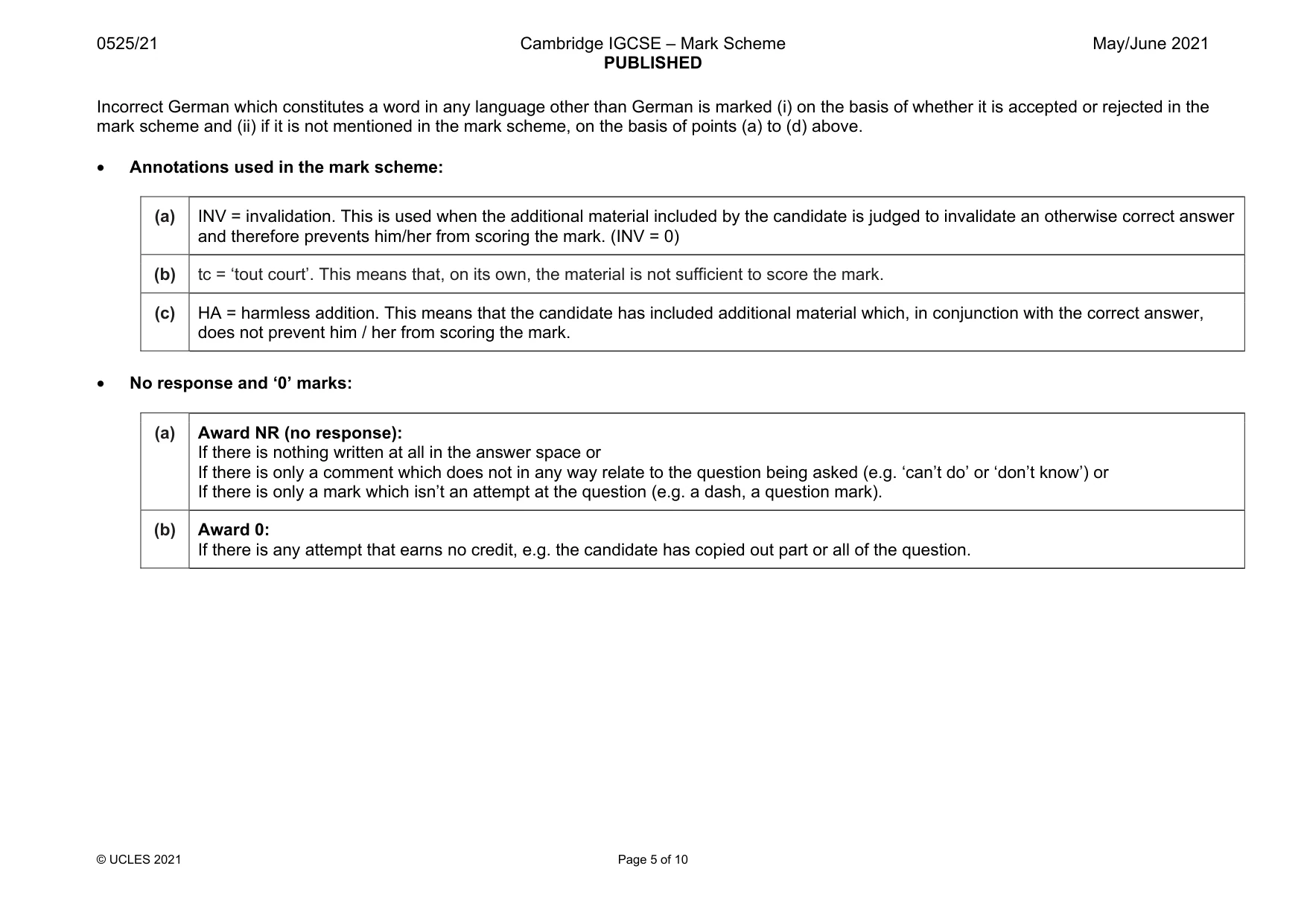 Mark scheme, page 5 of 10