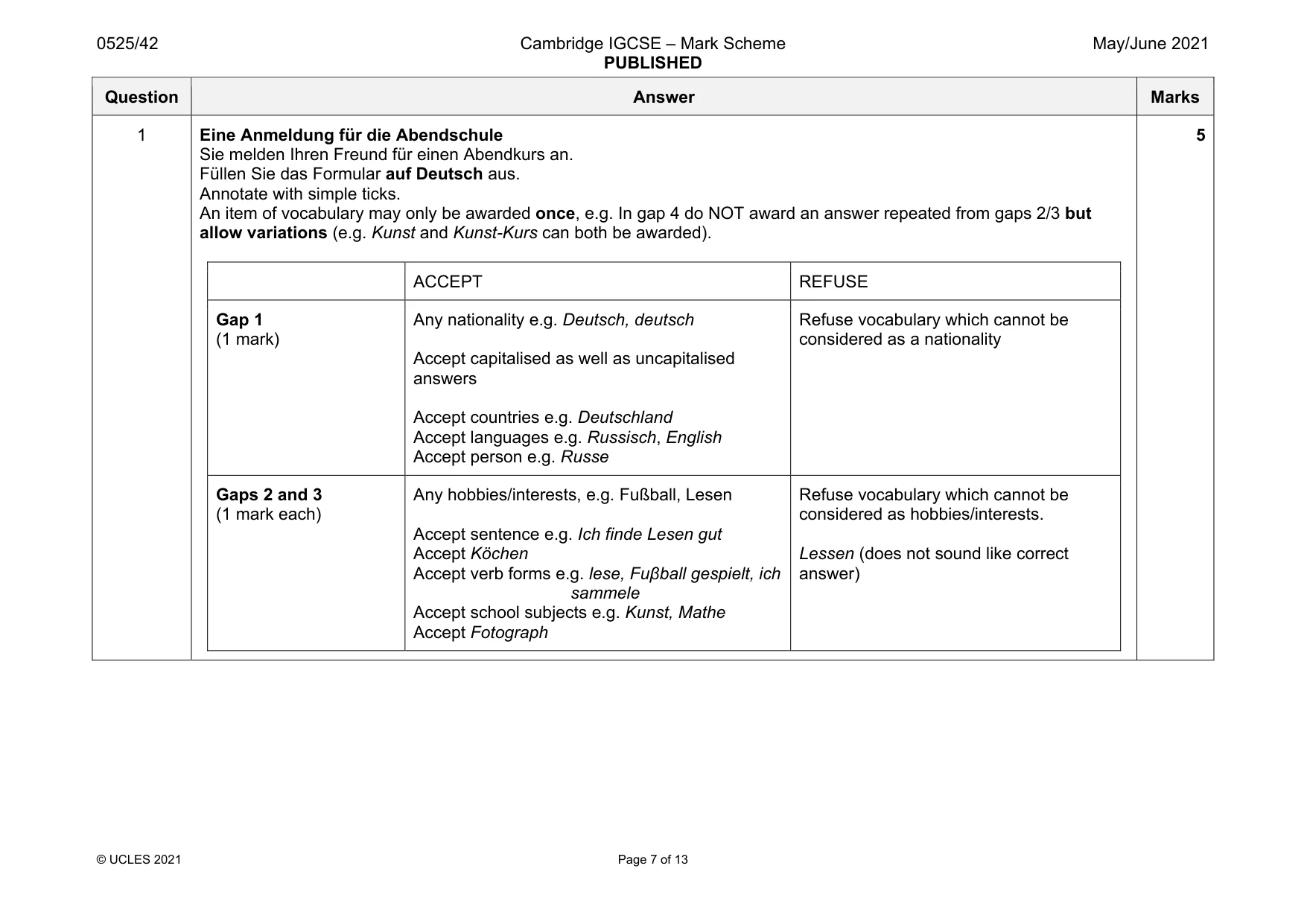 Mark scheme, page 7 of 13