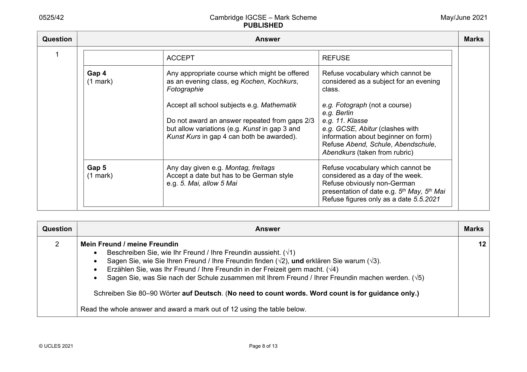 Mark scheme, page 8 of 13