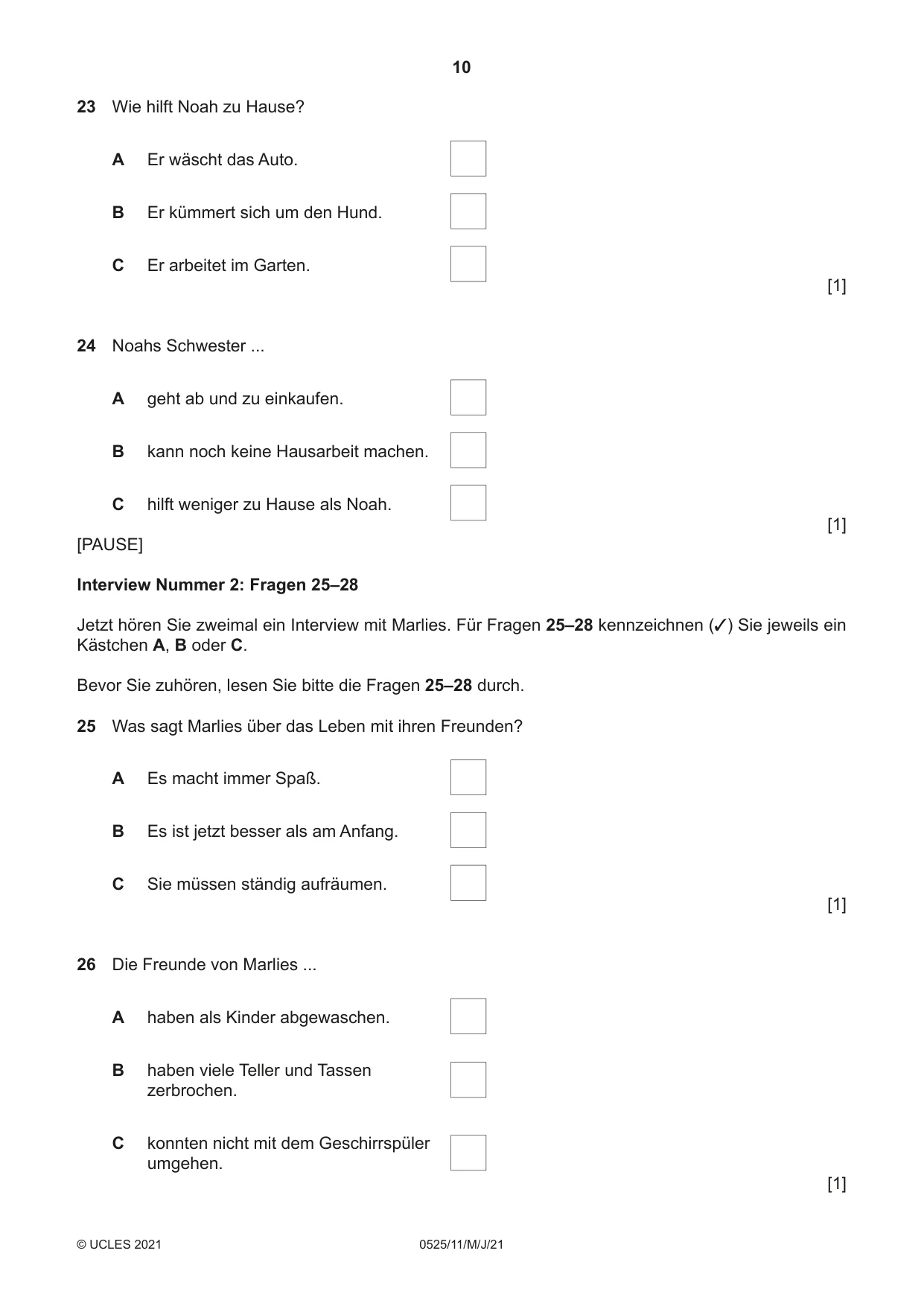 Cambridge IGCSE German - Foreign Language 0525 2021 May/June Paper 1 · Variant 1 question paper, page 10 of 16