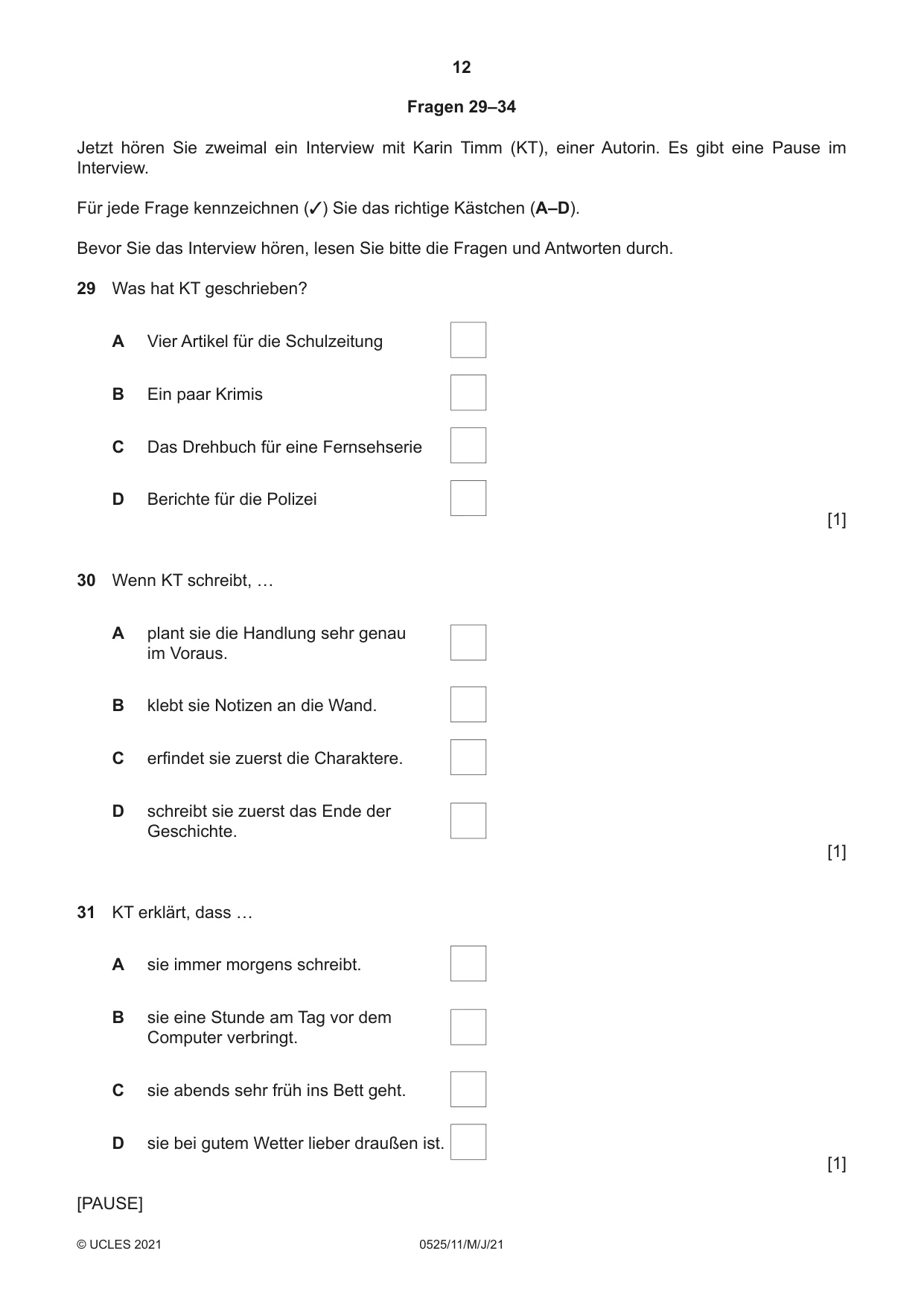 Cambridge IGCSE German - Foreign Language 0525 2021 May/June Paper 1 · Variant 1 question paper, page 12 of 16
