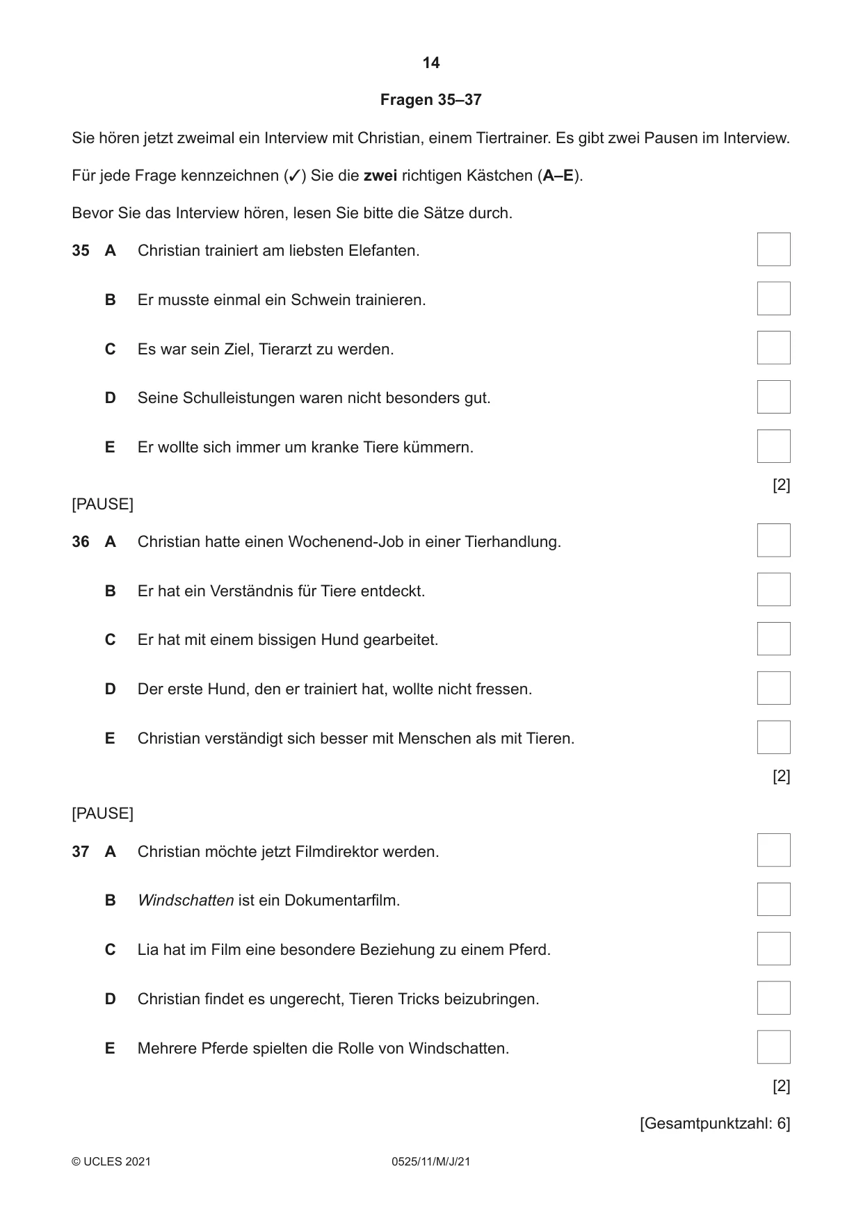 Cambridge IGCSE German - Foreign Language 0525 2021 May/June Paper 1 · Variant 1 question paper, page 14 of 16