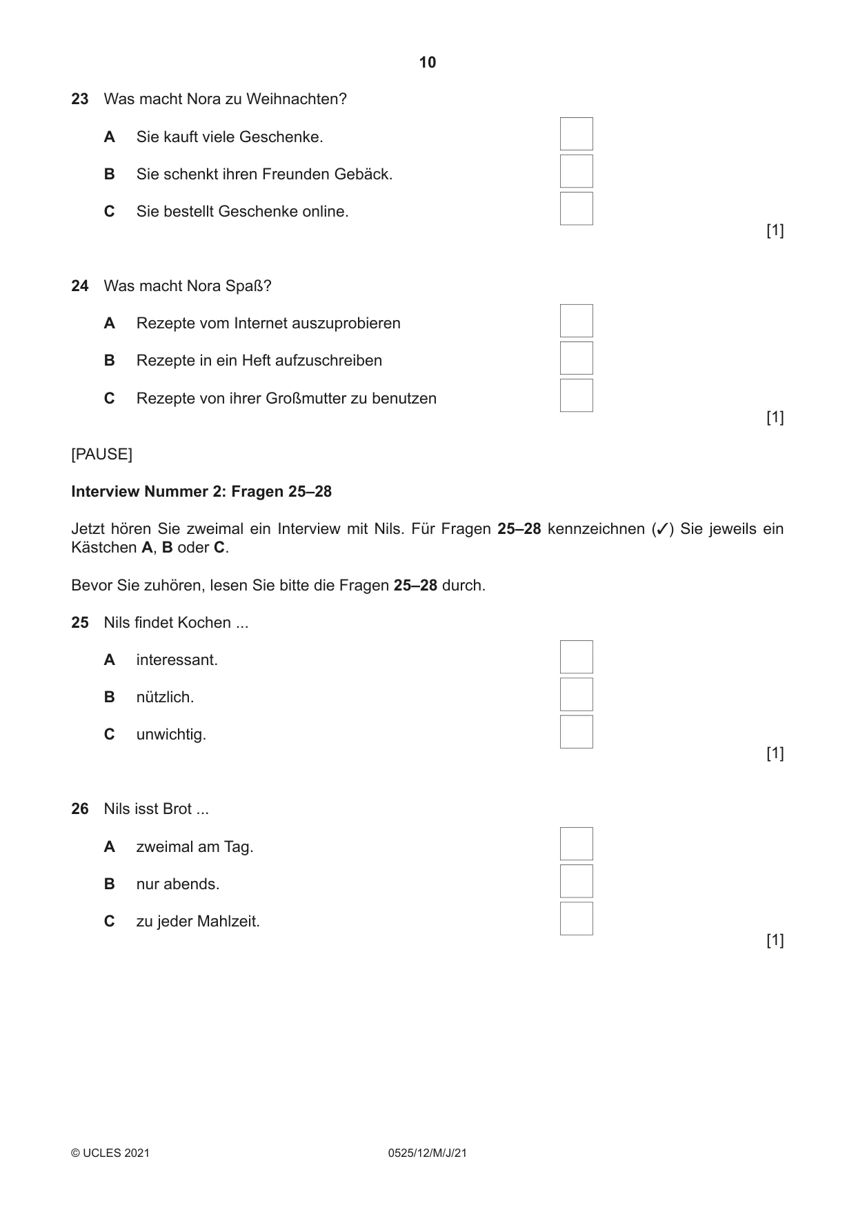Cambridge IGCSE German - Foreign Language 0525 2021 May/June Paper 1 · Variant 2 question paper, page 10 of 16