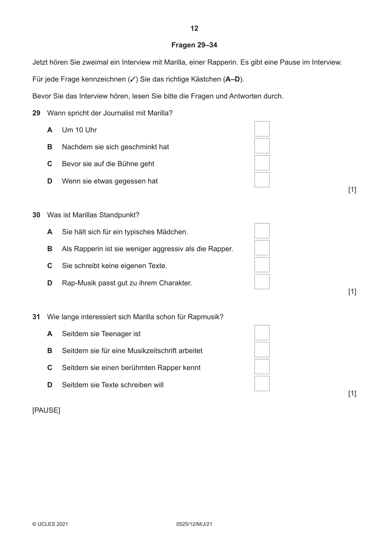 Cambridge IGCSE German - Foreign Language 0525 2021 May/June Paper 1 · Variant 2 question paper, page 12 of 16