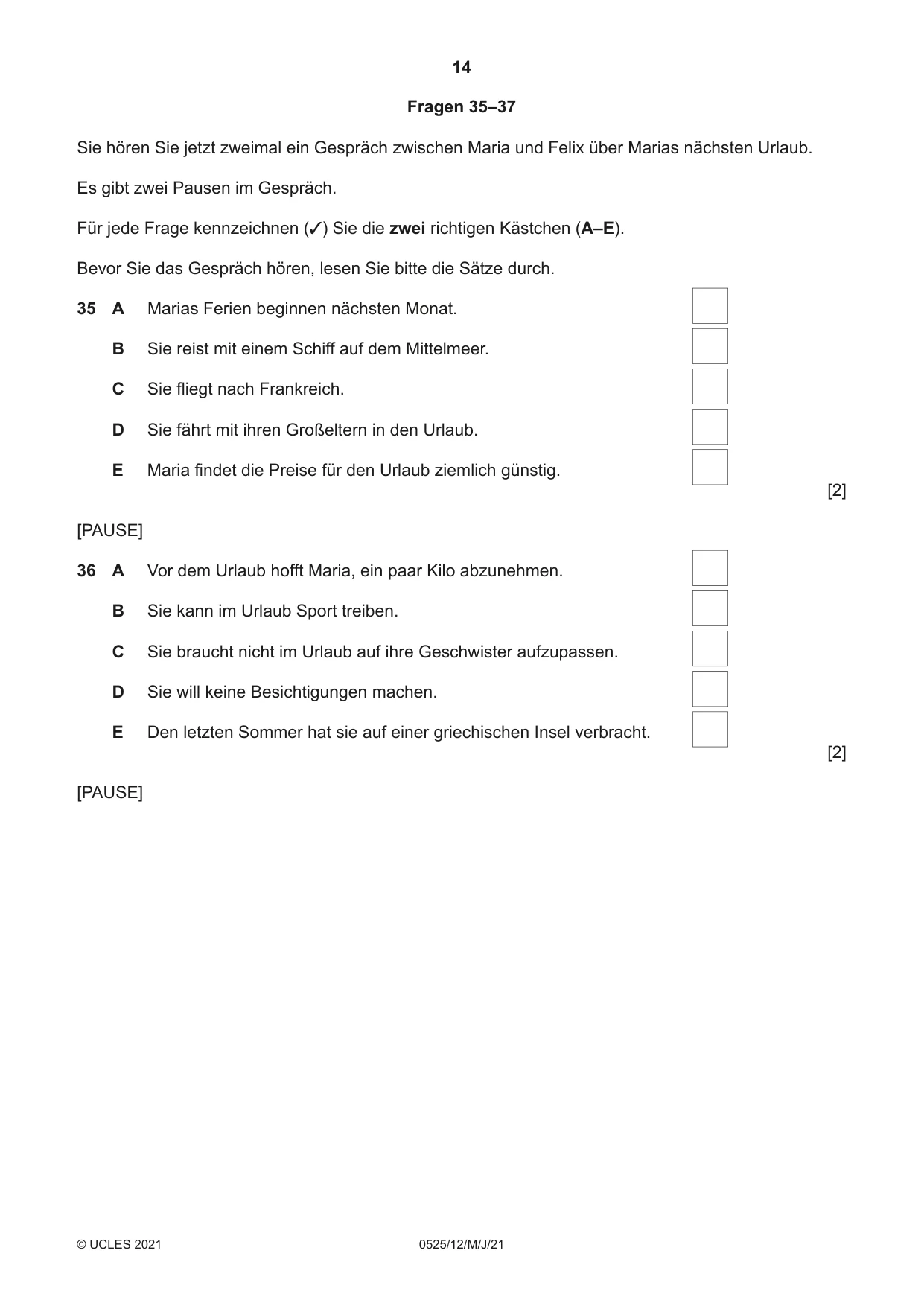 Cambridge IGCSE German - Foreign Language 0525 2021 May/June Paper 1 · Variant 2 question paper, page 14 of 16