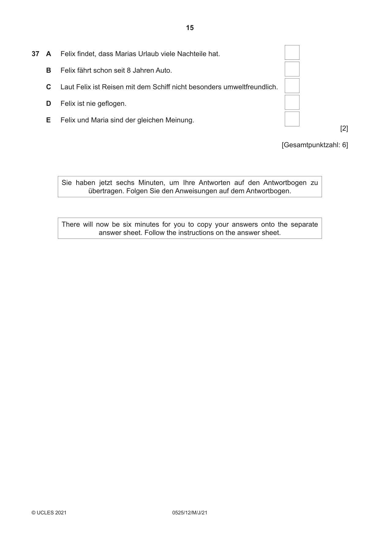Cambridge IGCSE German - Foreign Language 0525 2021 May/June Paper 1 · Variant 2 question paper, page 15 of 16