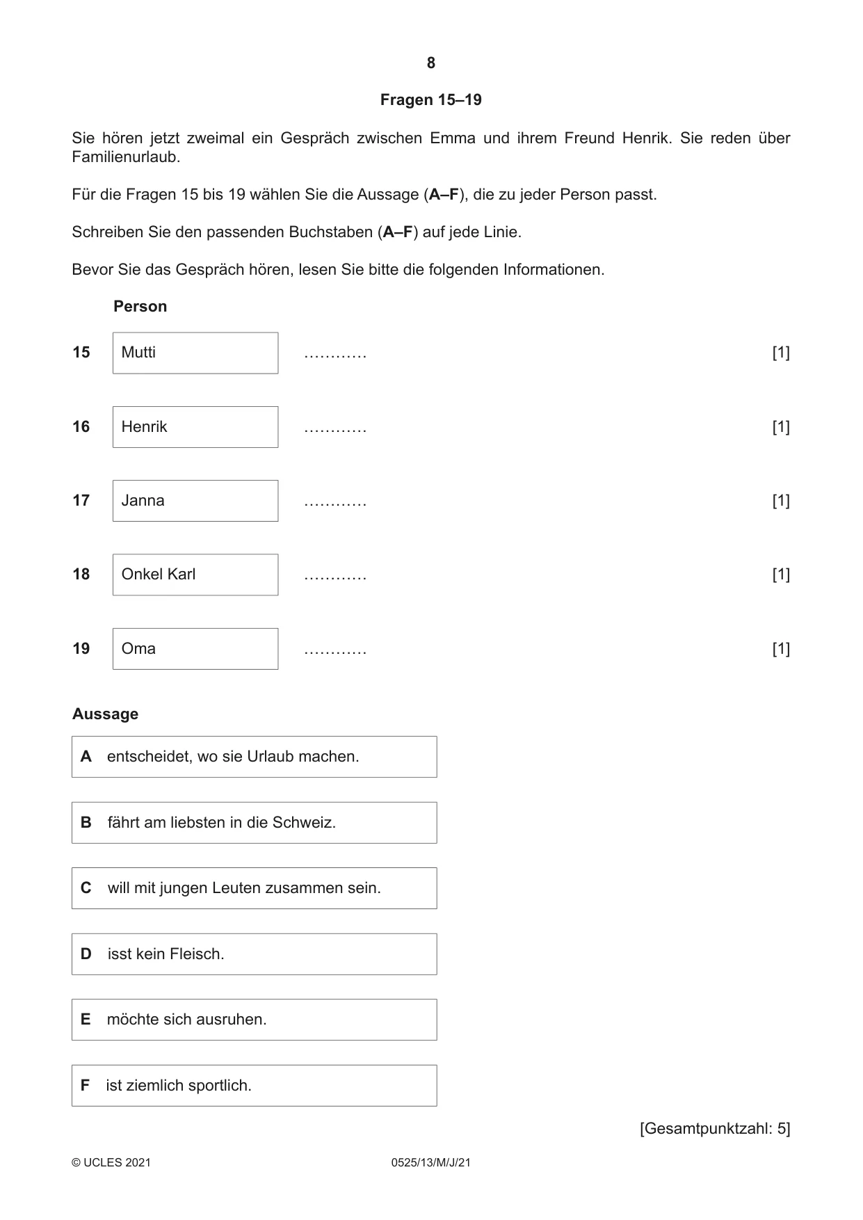 Cambridge IGCSE German - Foreign Language 0525 2021 May/June Paper 1 · Variant 3 question paper, page 8 of 16
