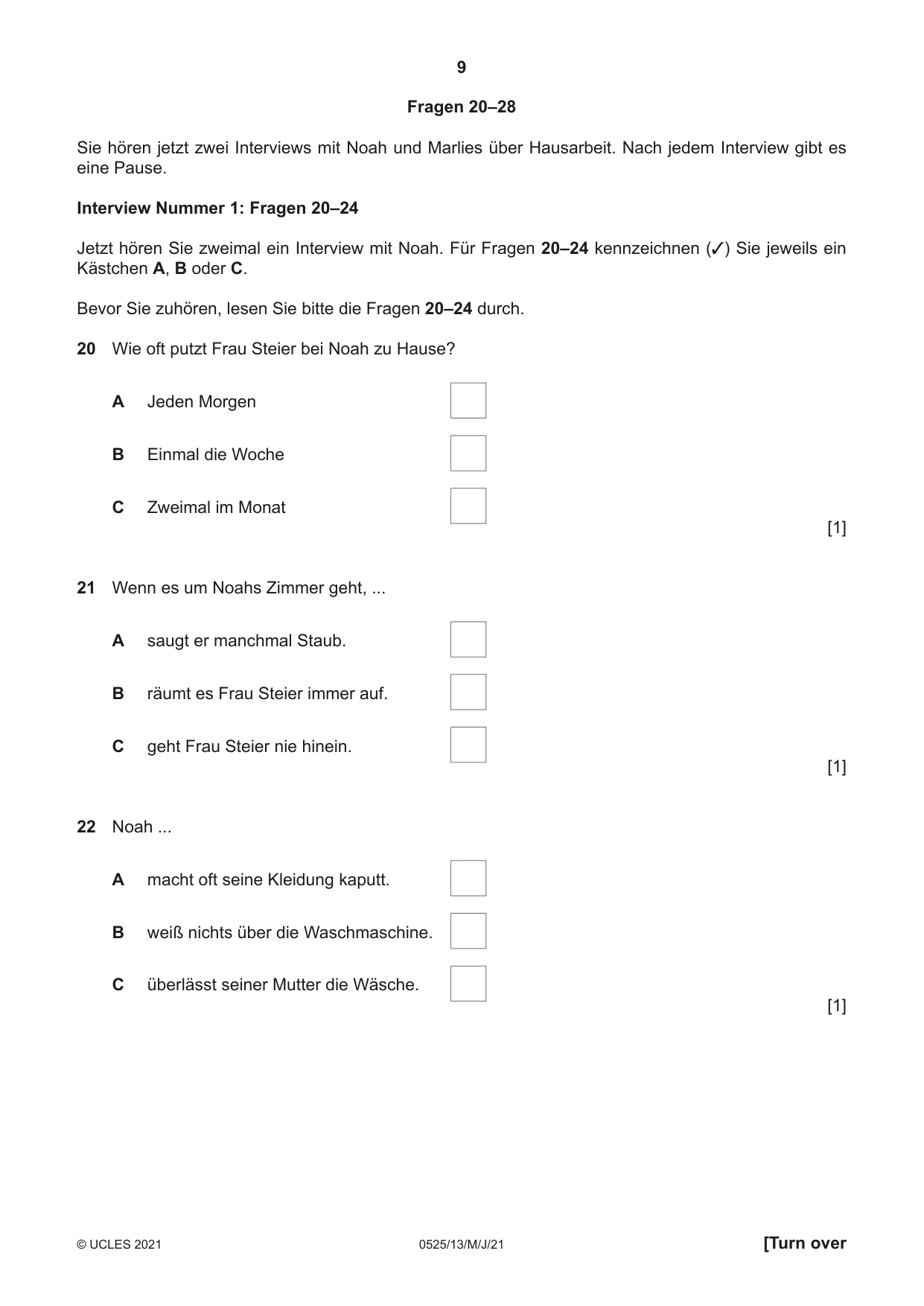 Cambridge IGCSE German - Foreign Language 0525 2021 May/June Paper 1 · Variant 3 question paper, page 9 of 16
