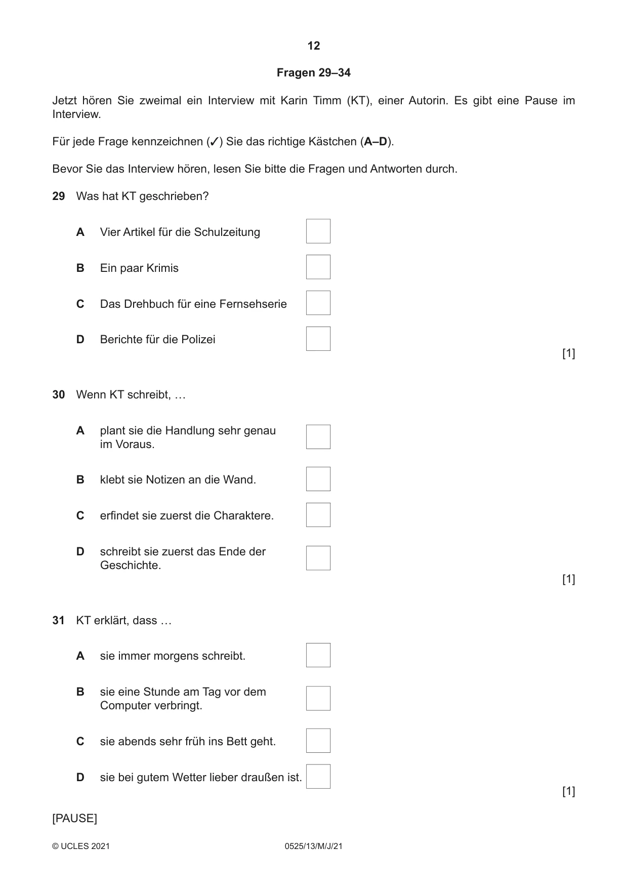 Cambridge IGCSE German - Foreign Language 0525 2021 May/June Paper 1 · Variant 3 question paper, page 12 of 16