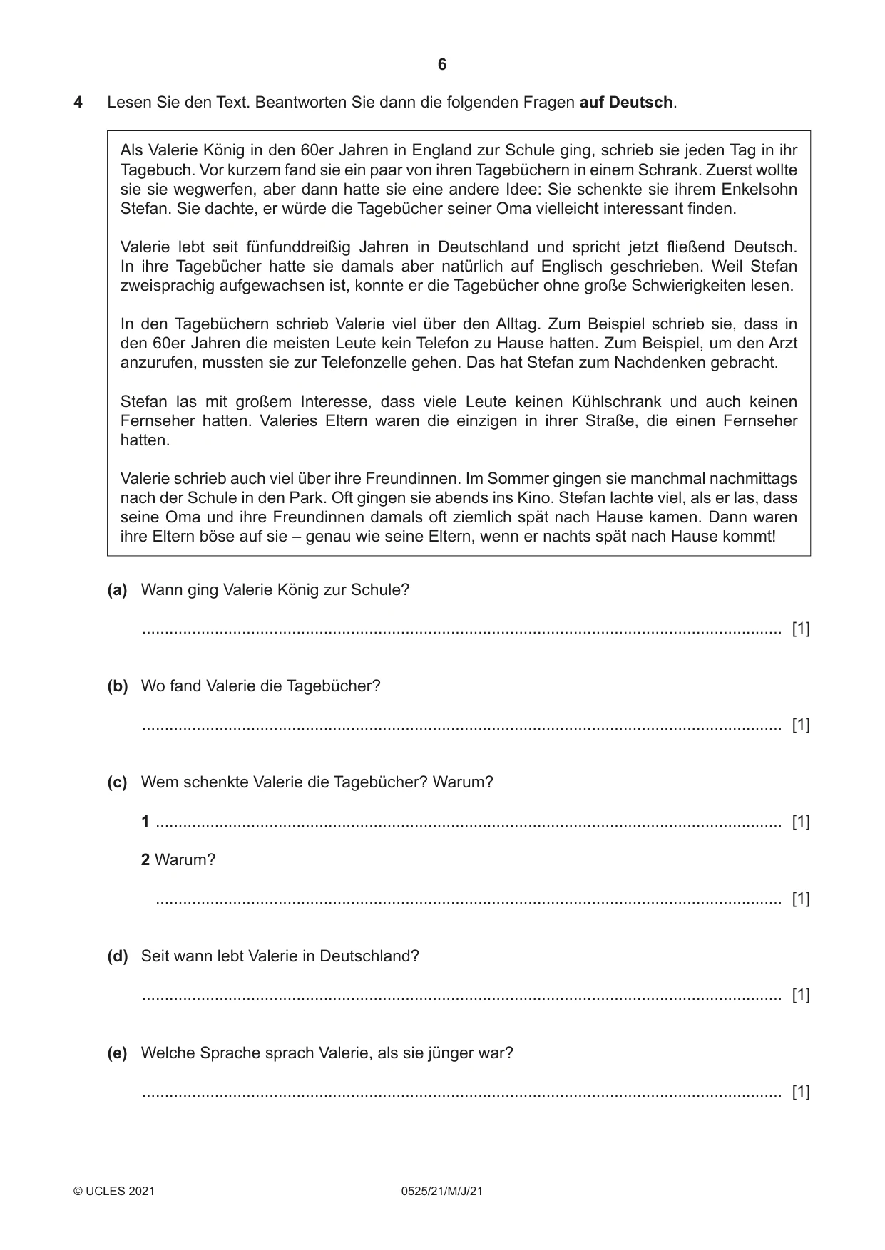Cambridge IGCSE German - Foreign Language 0525 2021 May/June Paper 2 · Variant 1 question paper, page 6 of 12